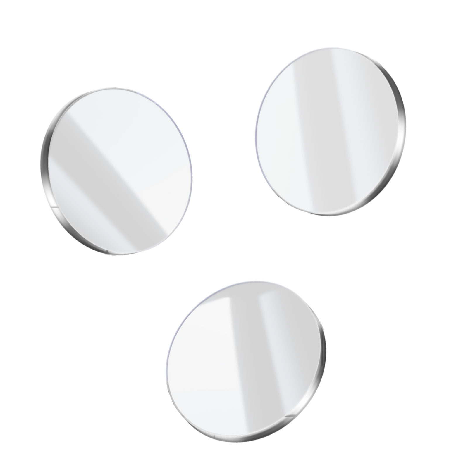 Drie ronde, reflecterende schijven met zilveren randen op witte achtergrond.