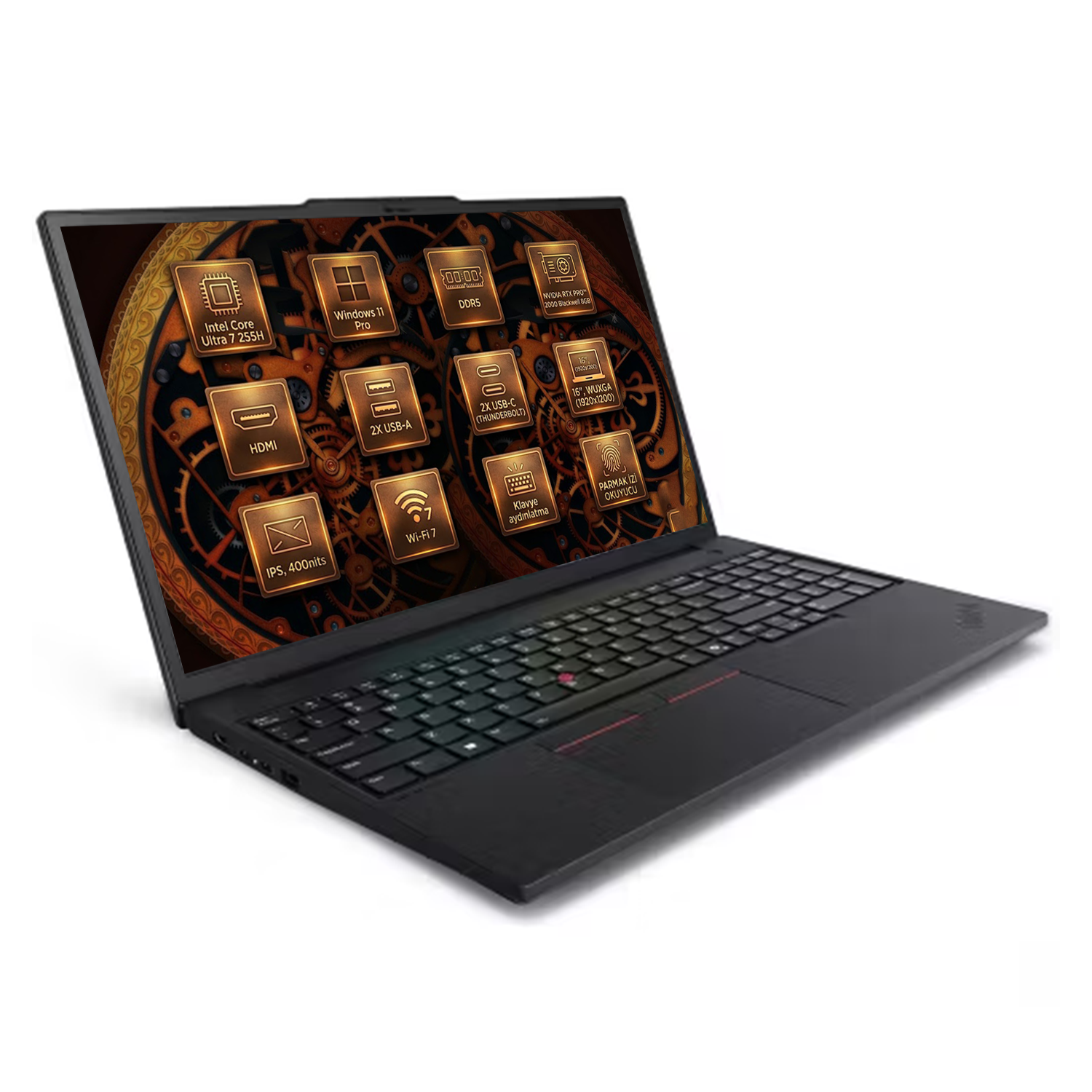 Intel Core Ultra 7, Windows 11 Pro, RTX PRO 2000 özellikli siyah dizüstü.