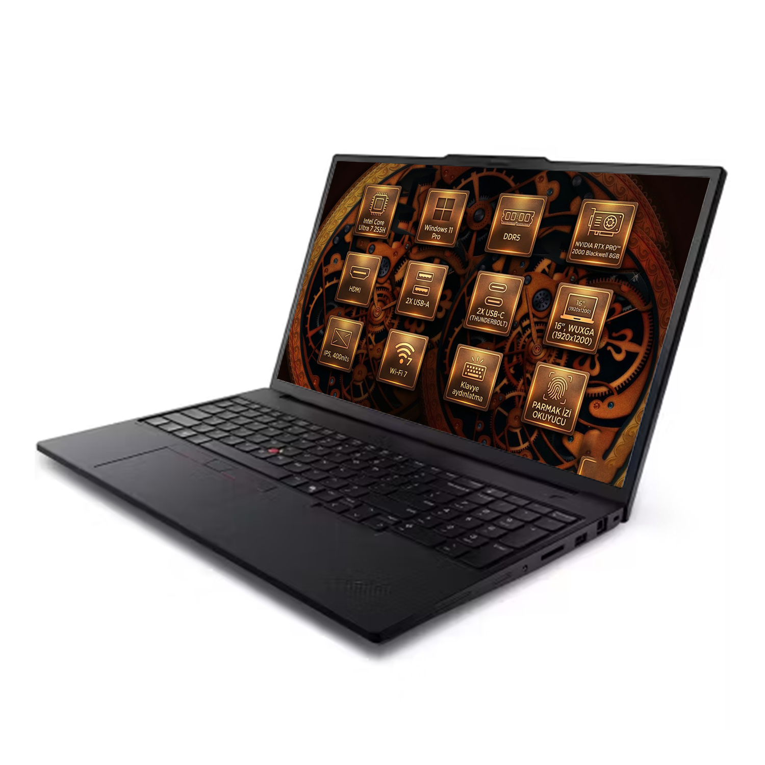 Intel Core Ultra 7, RTX 2000, DDR5, Wi-Fi 7 özellikli siyah dizüstü bilgisayar.