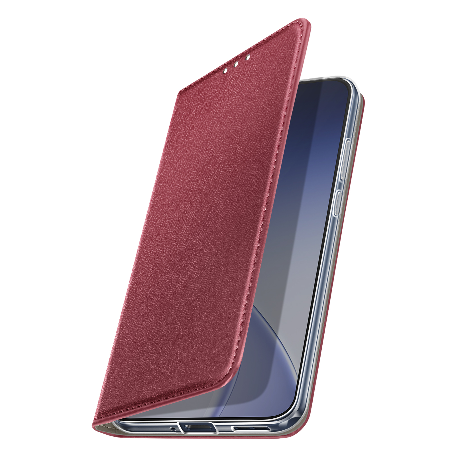 Coque de téléphone rouge à rabat ouvert, protégeant un smartphone.