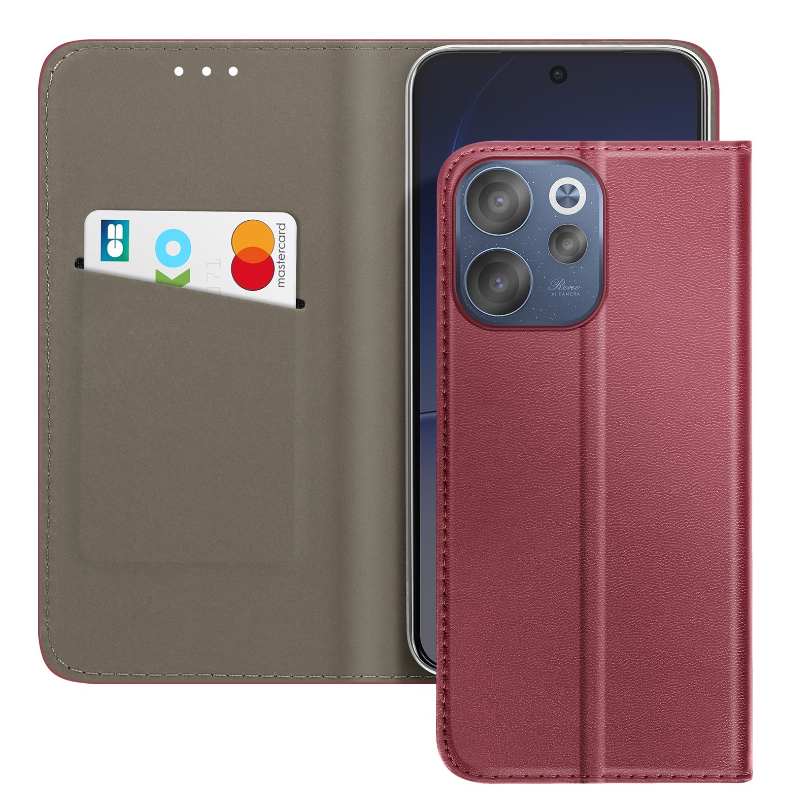 Étui de téléphone rouge avec fente pour carte et Mastercard.