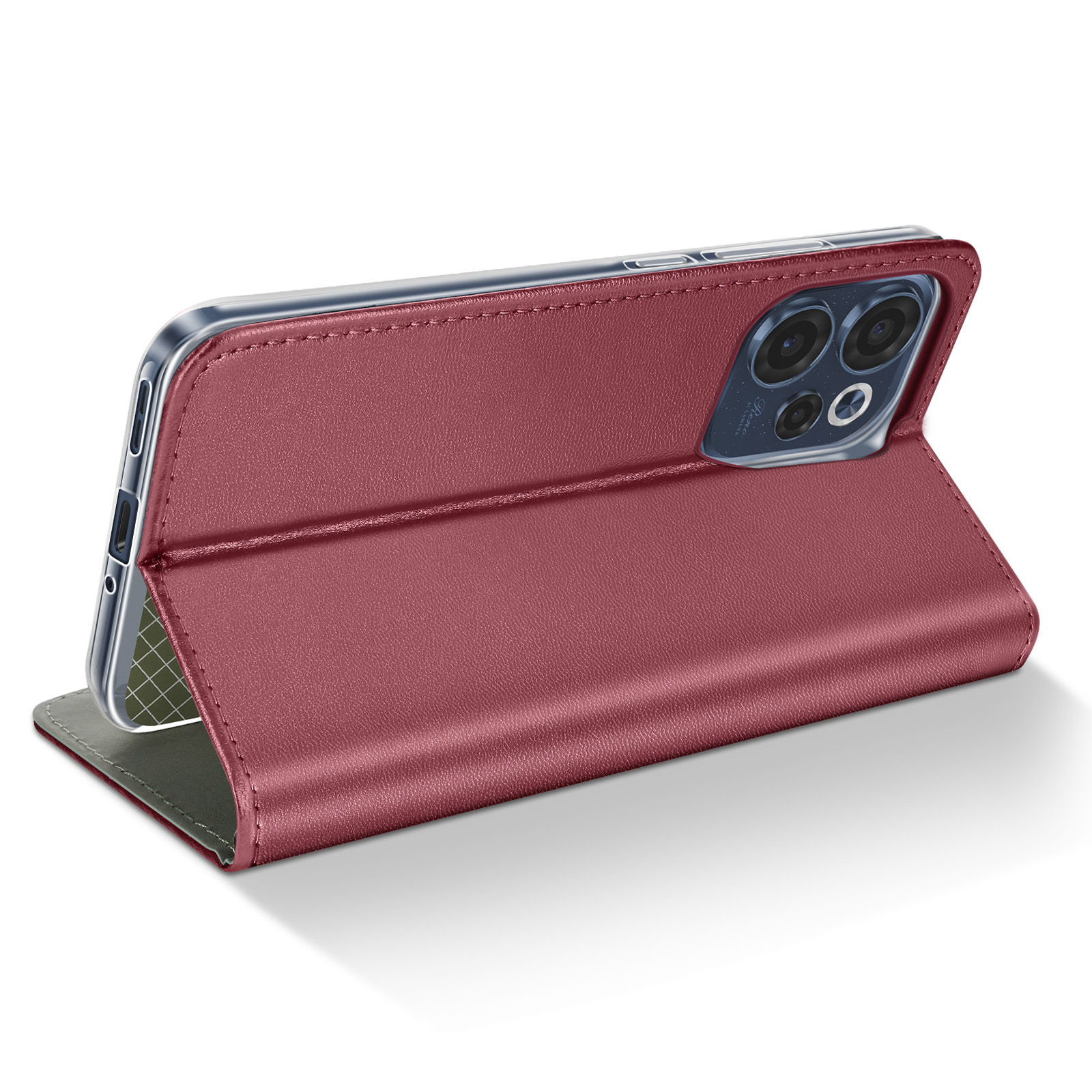 Un étui à rabat rouge pour téléphone, posé sur une surface blanche.