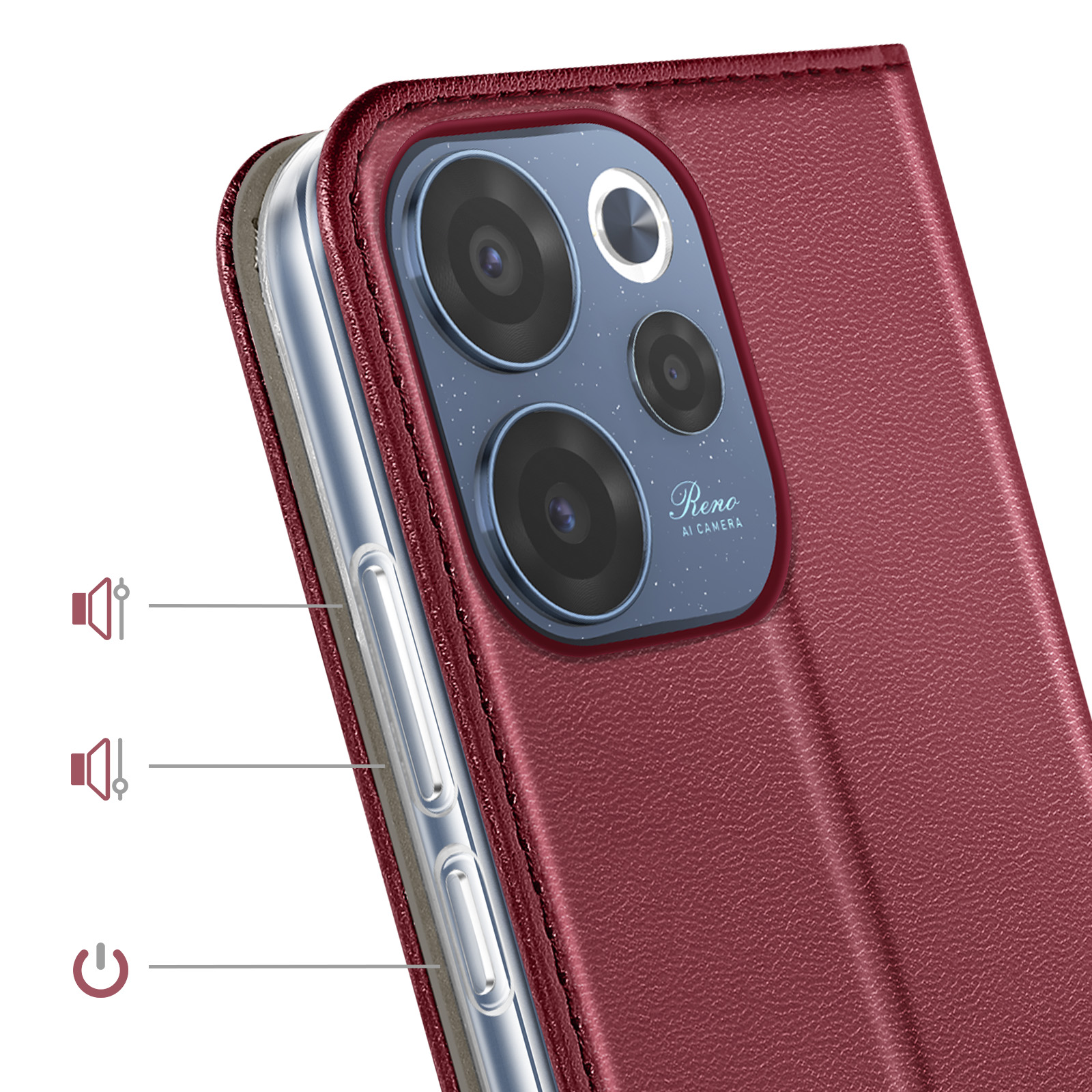 Étui de téléphone en cuir rouge avec triple appareil photo et boutons volume/alimentation.