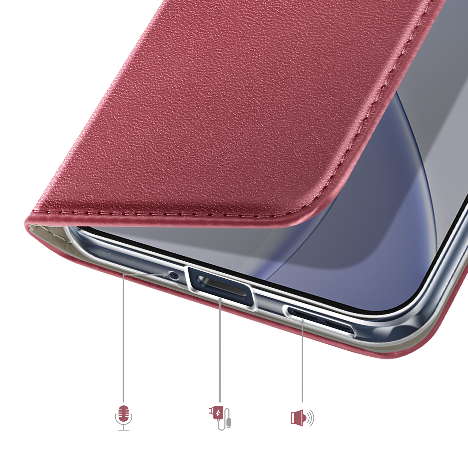 Étui de téléphone rouge avec icônes micro, charge et haut-parleur.