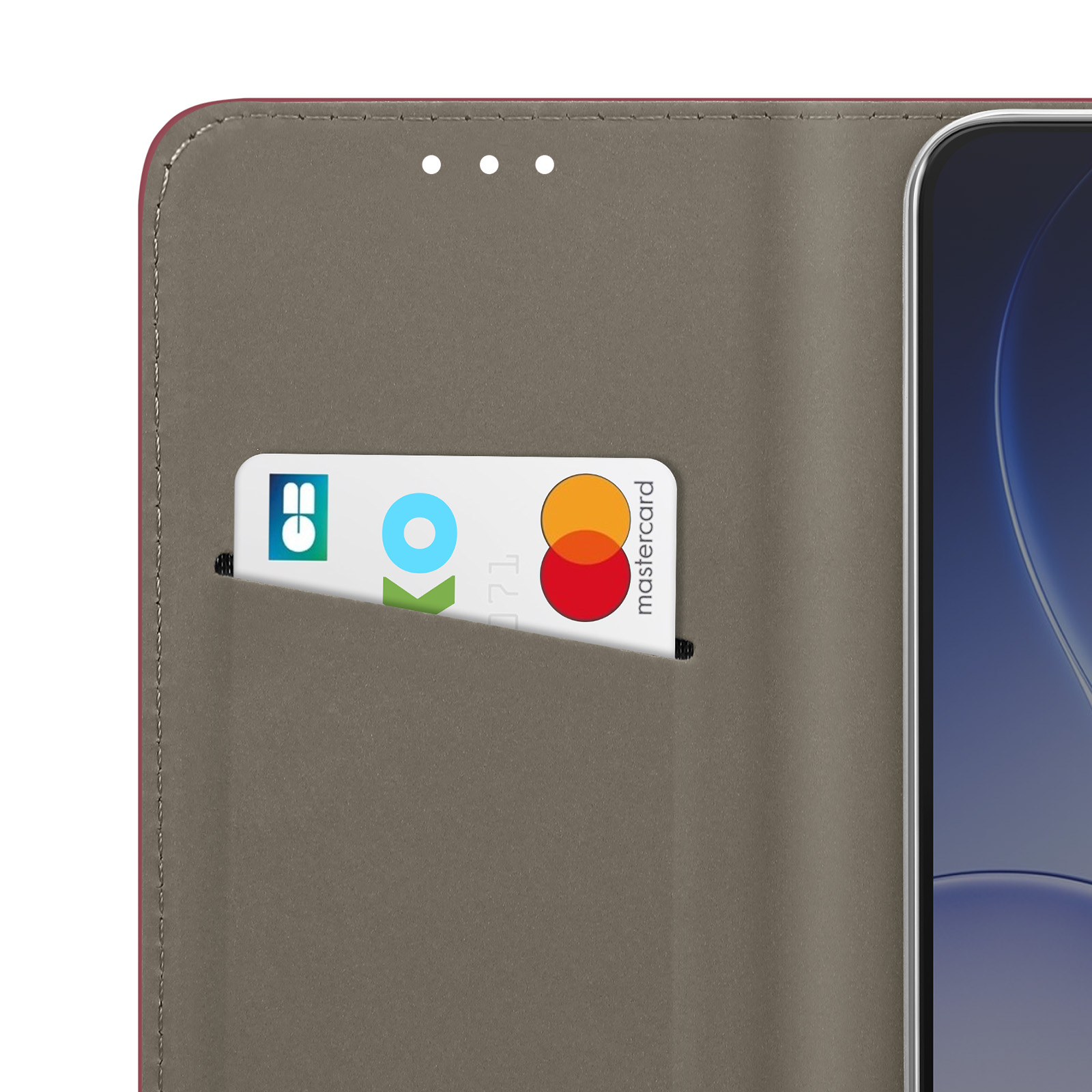 Étui de téléphone gris avec fente pour carte, contenant une Mastercard et une autre carte.