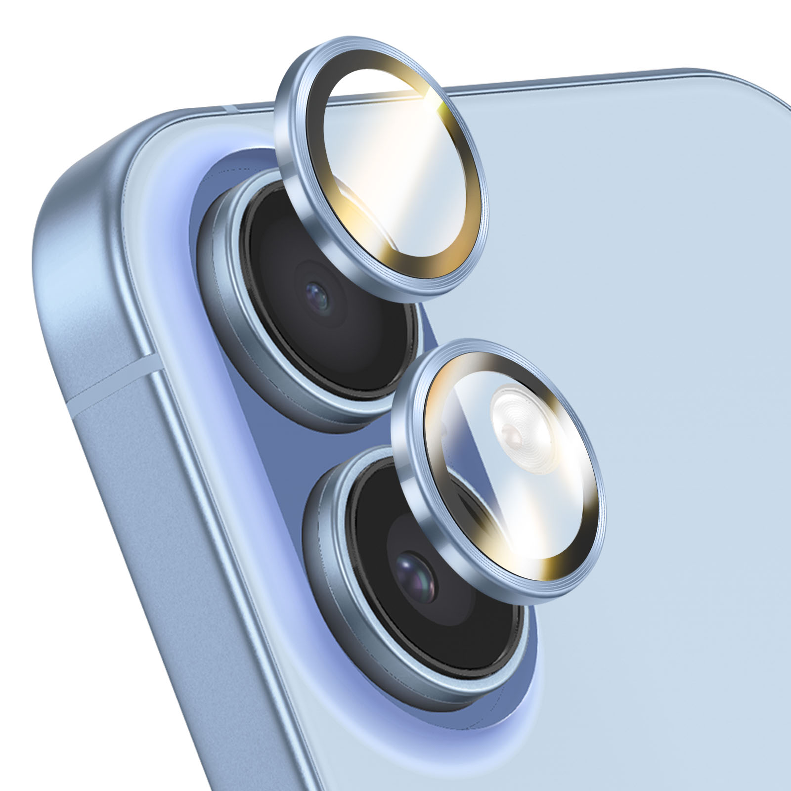 Gros plan d'une caméra de smartphone bleue avec deux anneaux de protection d'objectif.