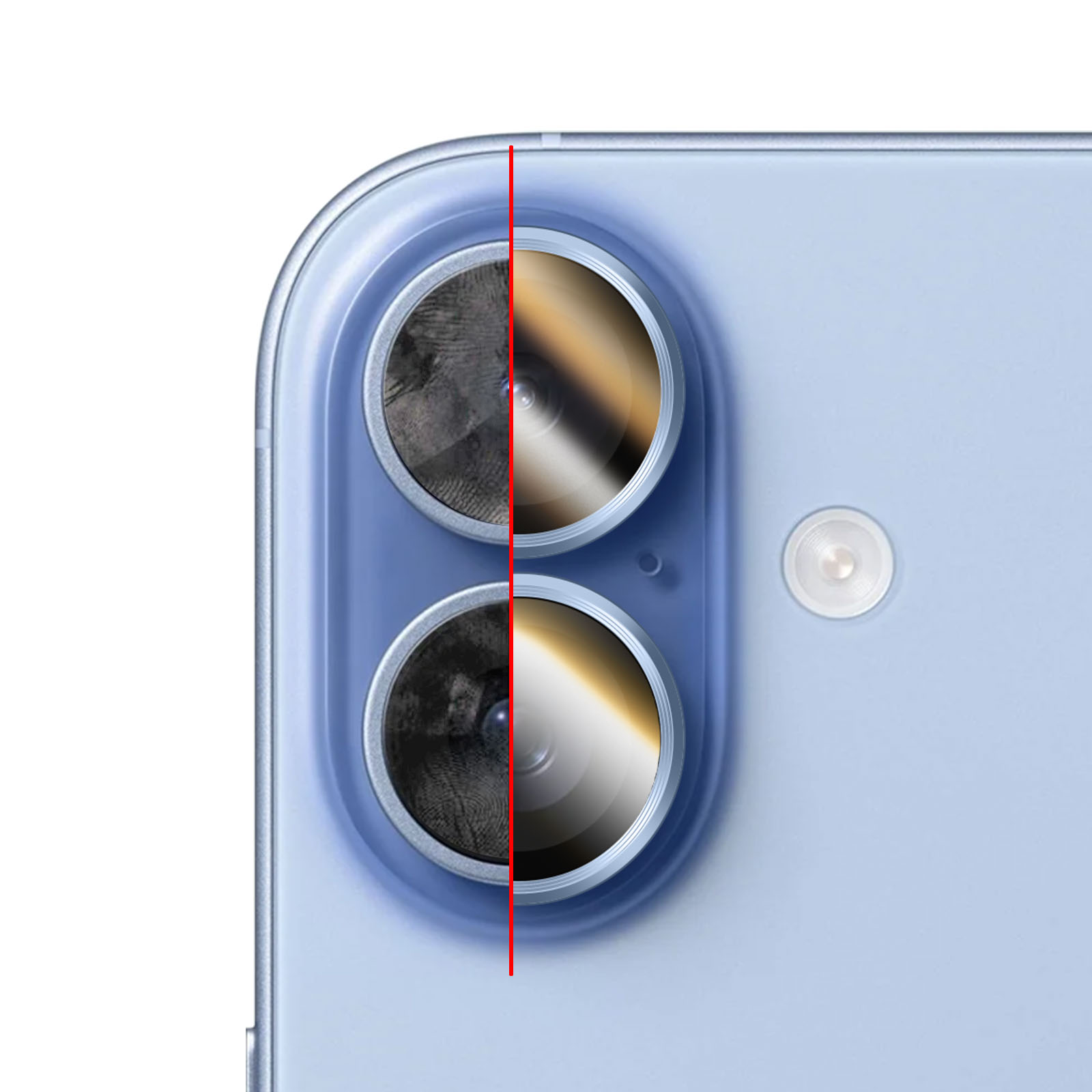 Une ligne rouge divise deux objectifs de téléphone. La gauche est sale, la droite est propre.