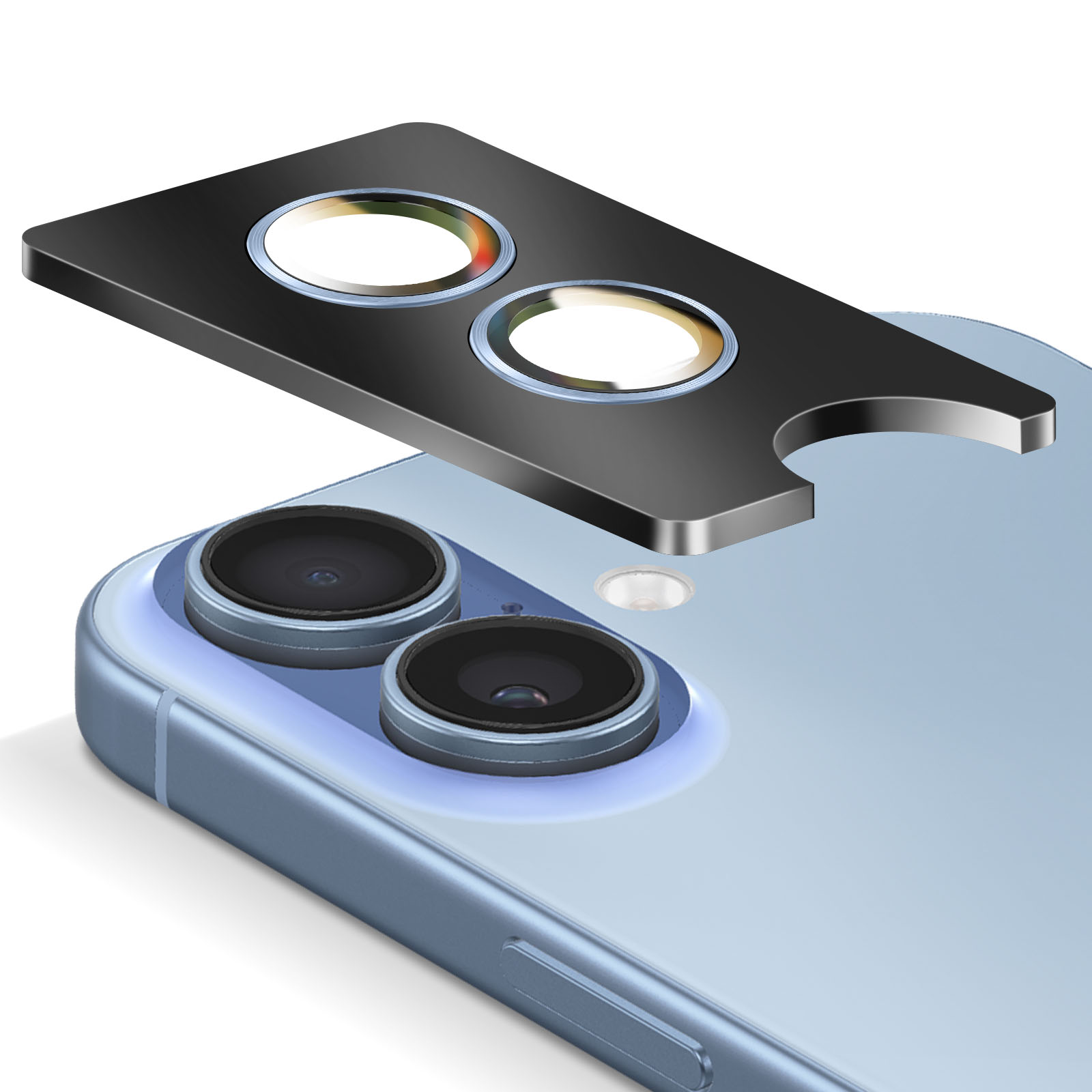 Un cache-objectif de téléphone noir à deux lentilles est placé sur un appareil photo de téléphone bleu.
