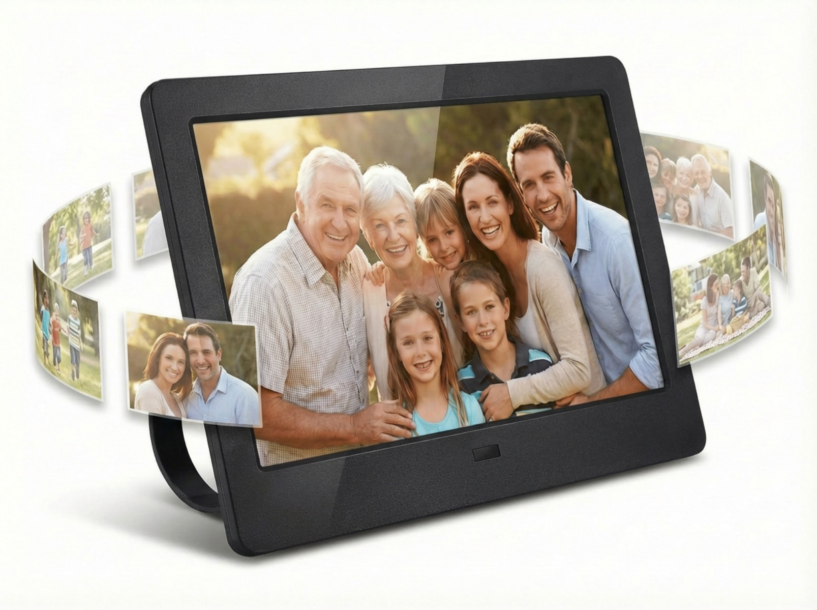 Digitaler Bilderrahmen zeigt eine lachende Familie: Großeltern, Eltern und Kinder.