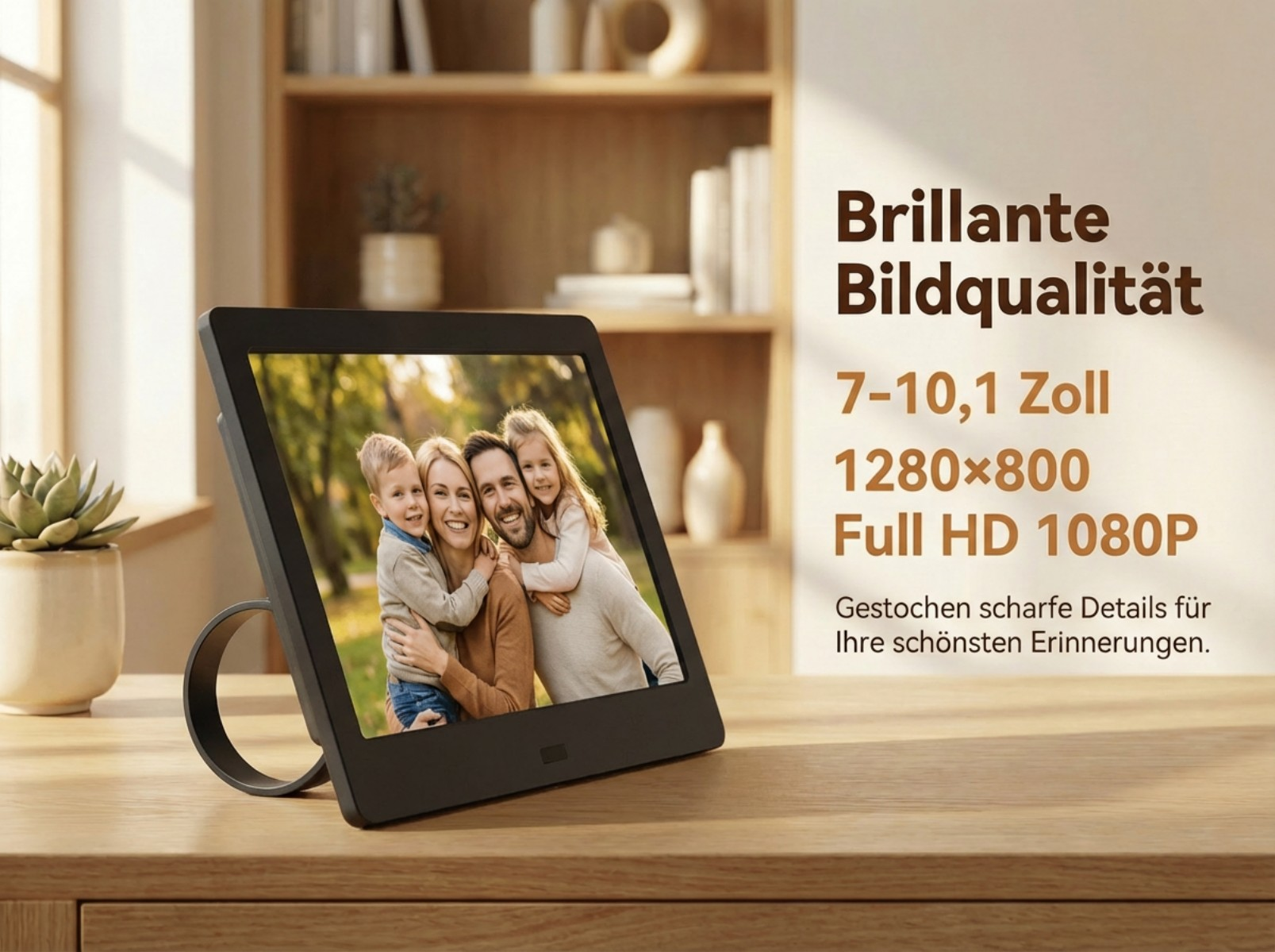 Digitaler Bilderrahmen zeigt eine lächelnde Familie. Text bewirbt Bildqualität.
