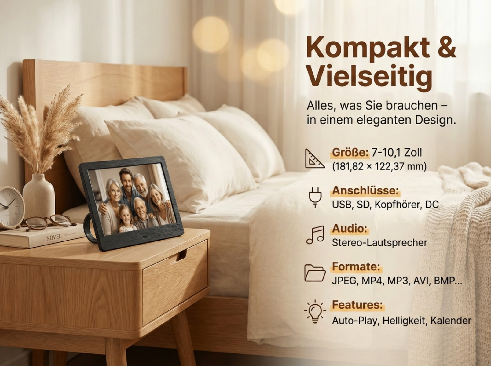Ein digitaler Bilderrahmen mit einer Familie wird auf einem Nachttisch neben einem Bett präsentiert.