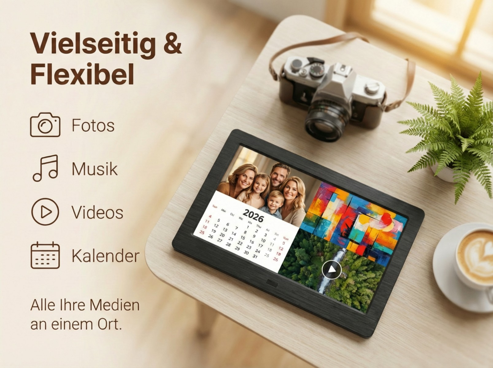 Digitaler Bilderrahmen mit Familie, Kalender und Naturfoto.