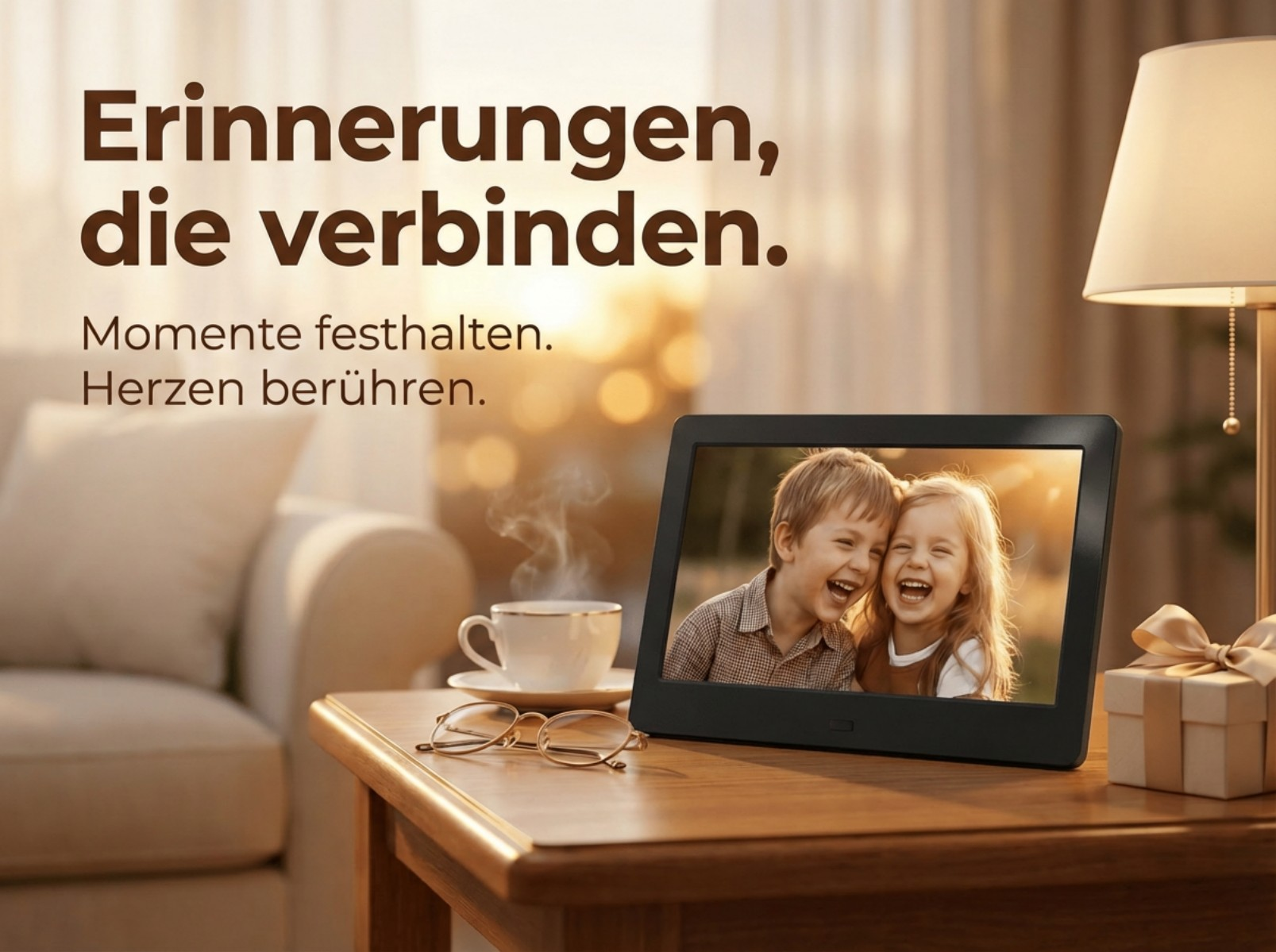 Digitaler Bilderrahmen zeigt lachende Kinder, daneben Tasse und Geschenk.