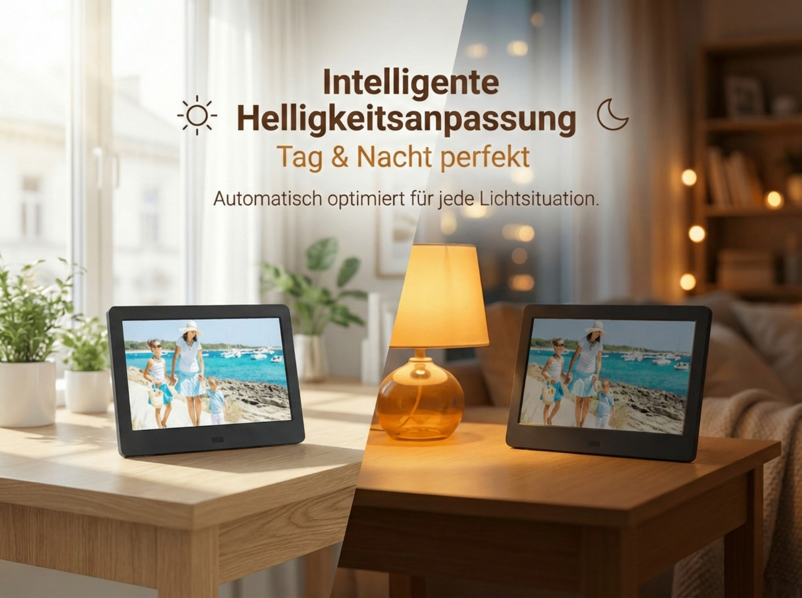 Digitaler Bilderrahmen zeigt Familie am Meer, Tag und Nacht.