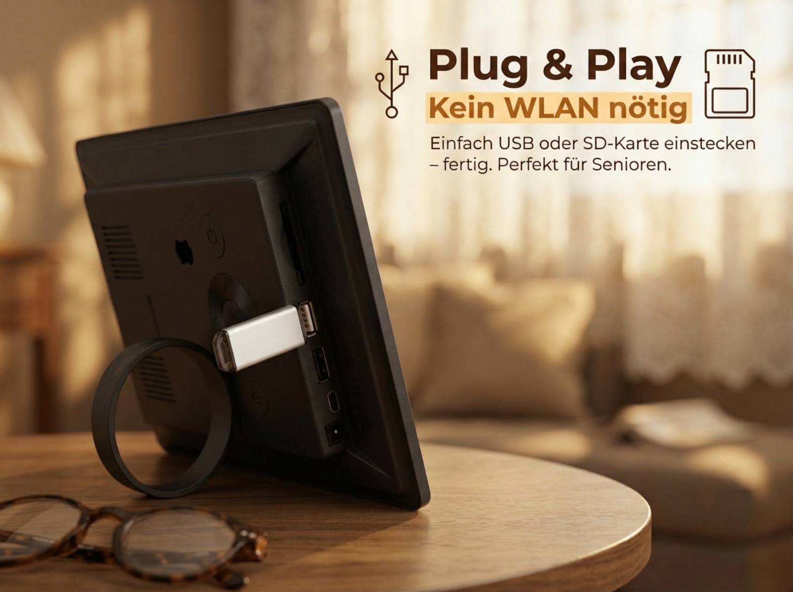 Digitaler Bilderrahmen mit USB-Stick und SD-Karte, kein WLAN nötig.