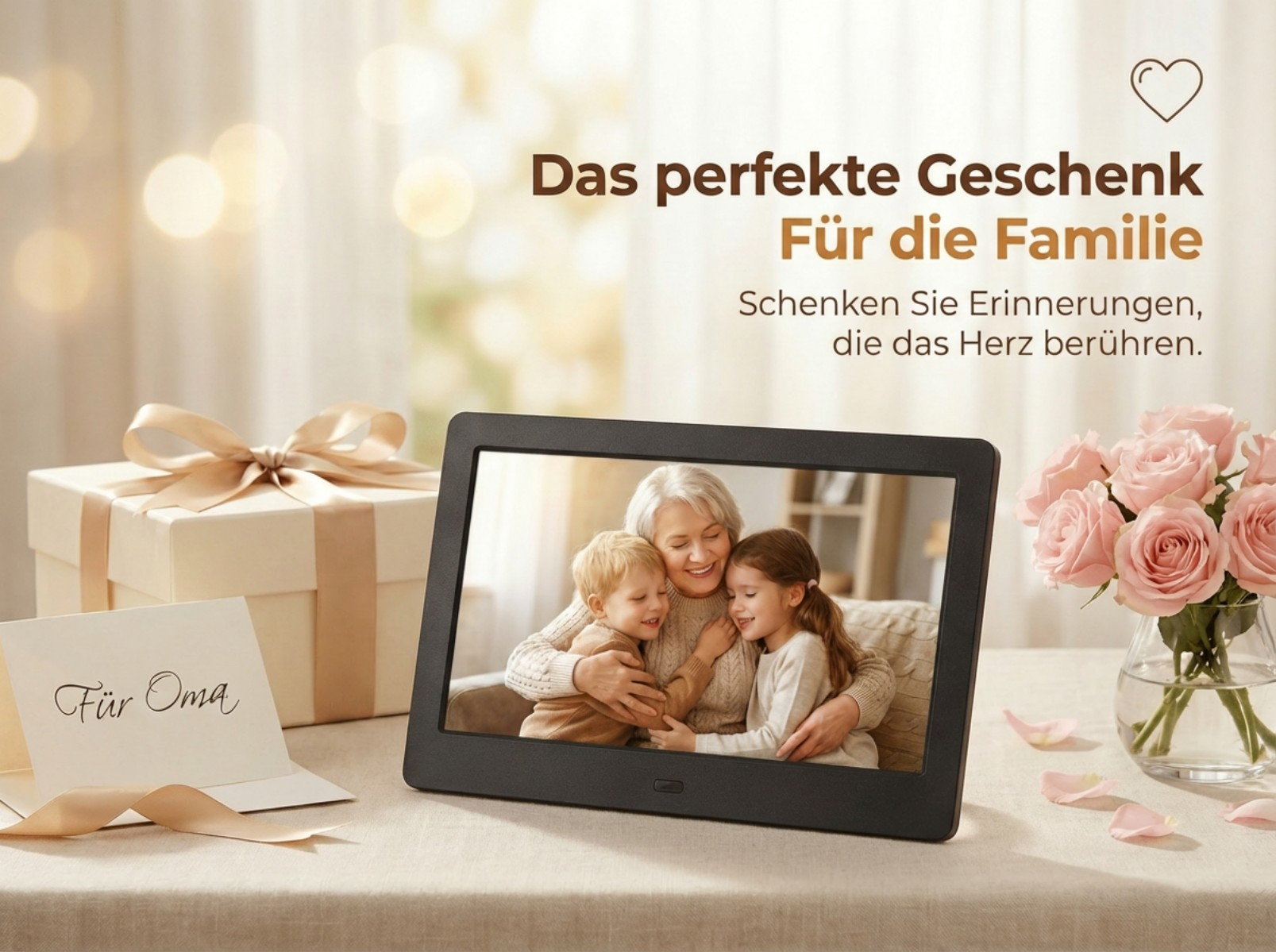 Ein digitaler Bilderrahmen zeigt eine Großmutter mit zwei Enkeln. daneben ein Geschenk.
