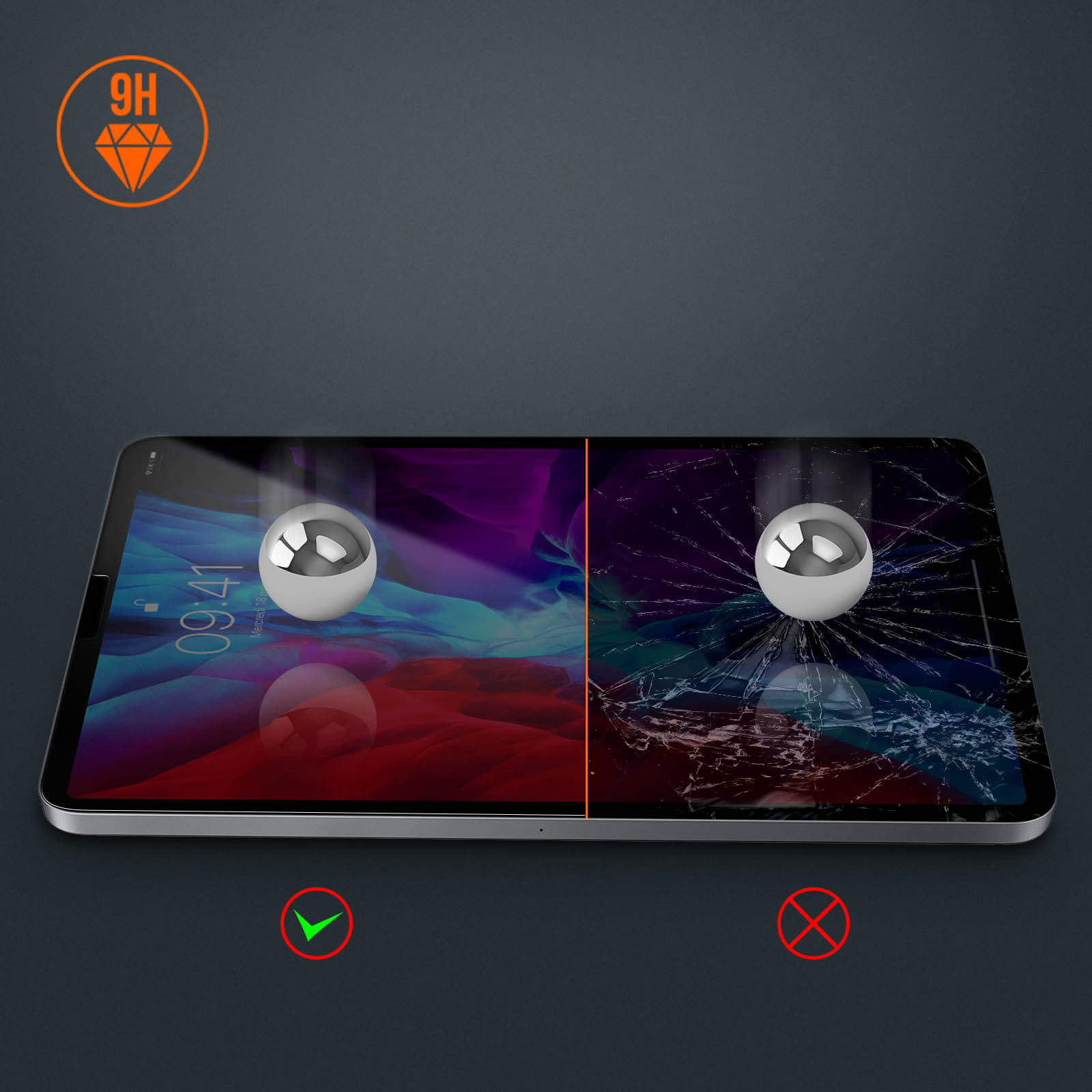 9H-symbool. Geteste tablet: één kant intact, de andere gebarsten.