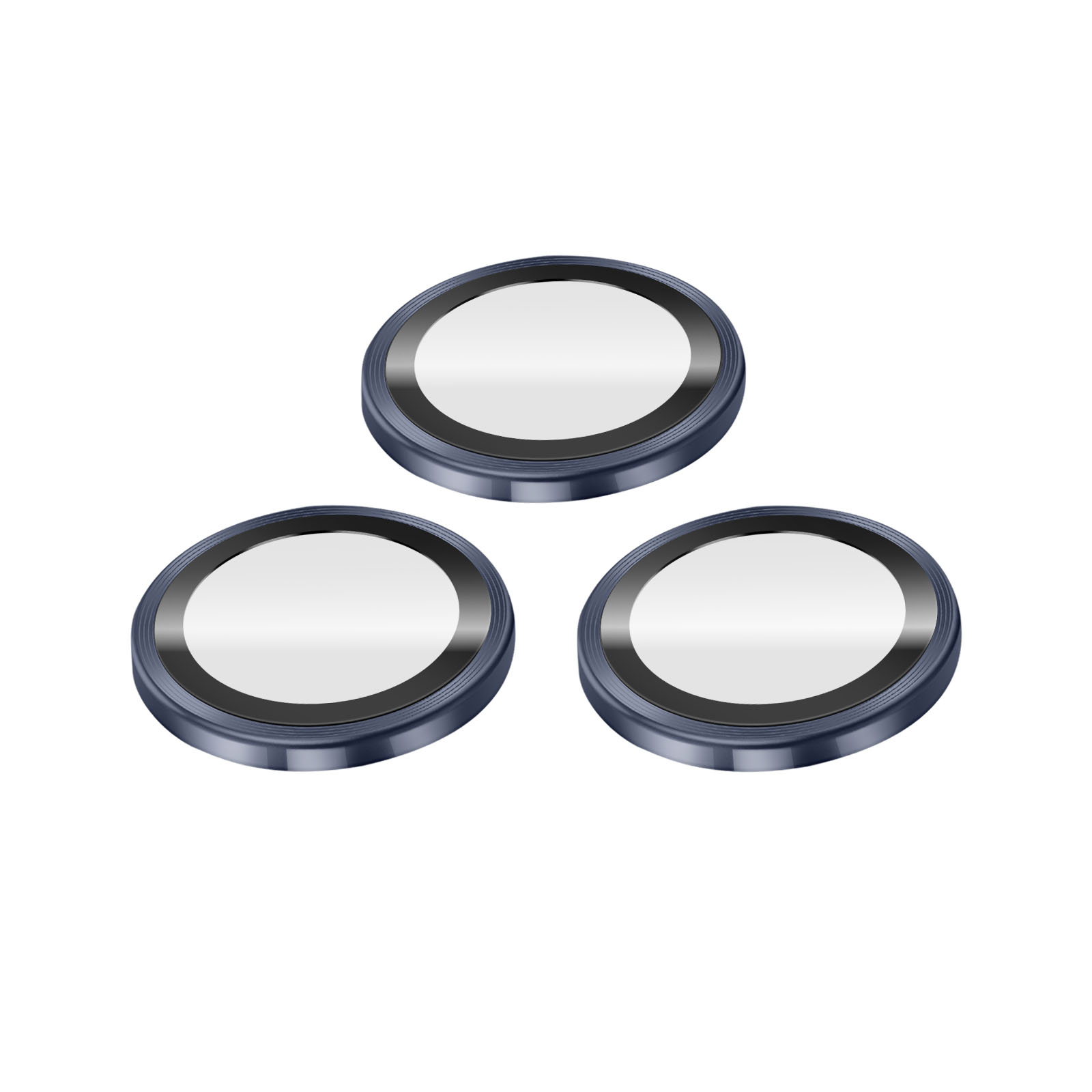 Drie ronde, donkere metalen ringen met zilveren inzetstukken op witte achtergrond.