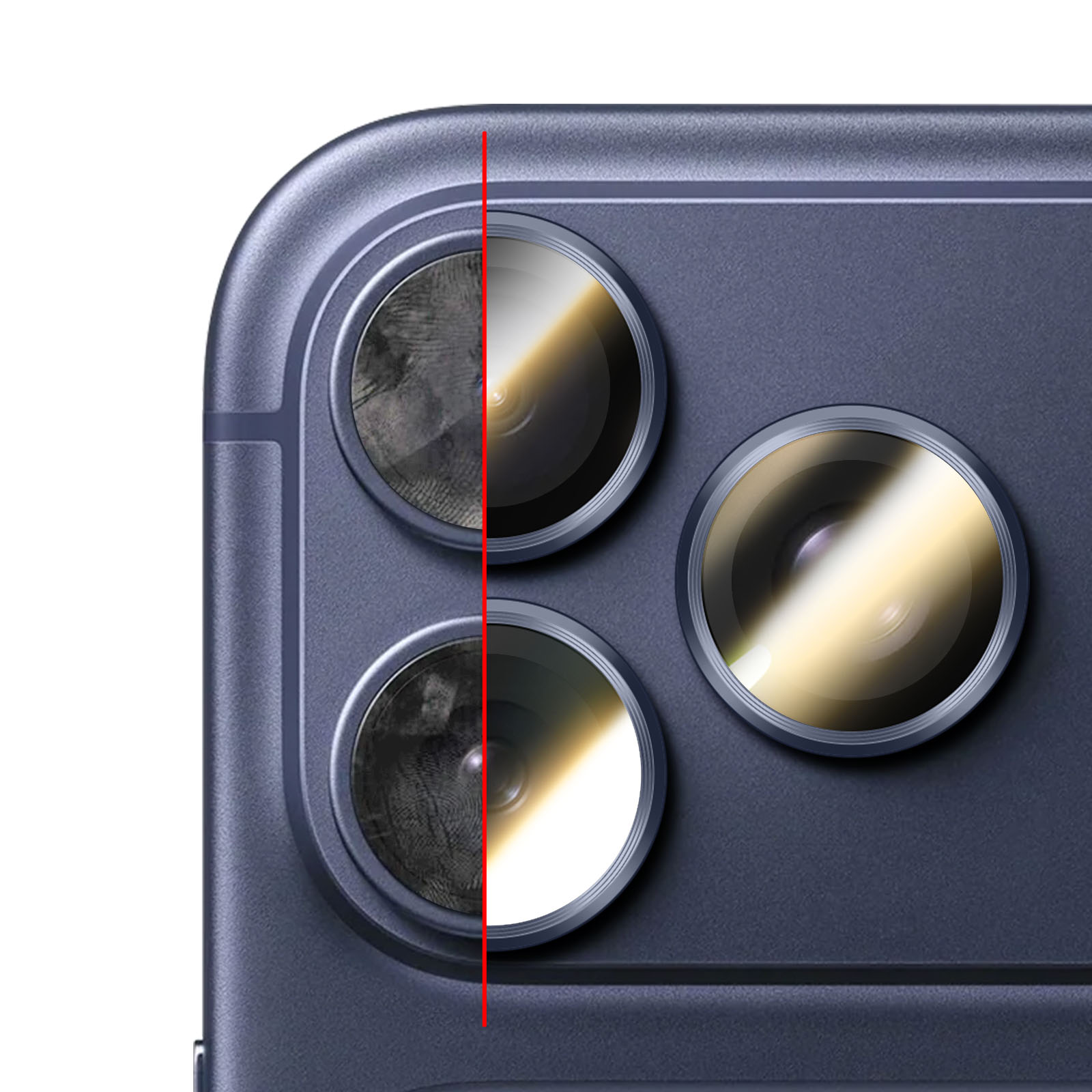 Close-up van een smartphone cameralens met een rode lijn die schone en besmeurde zijden scheidt.