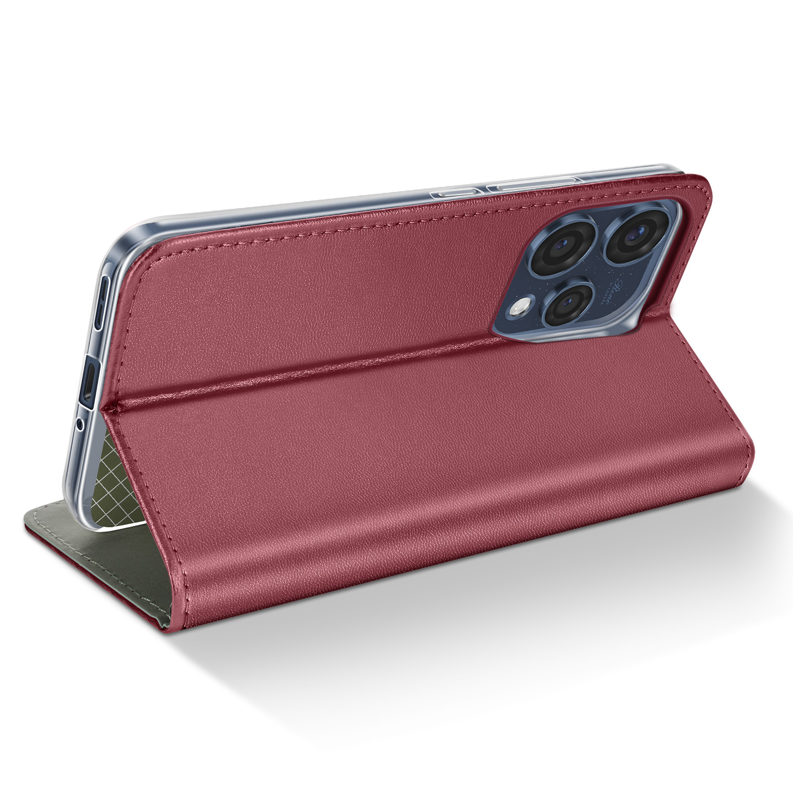 Ein rotes Handycover im aufgeklappten Zustand mit Handy und Kameras