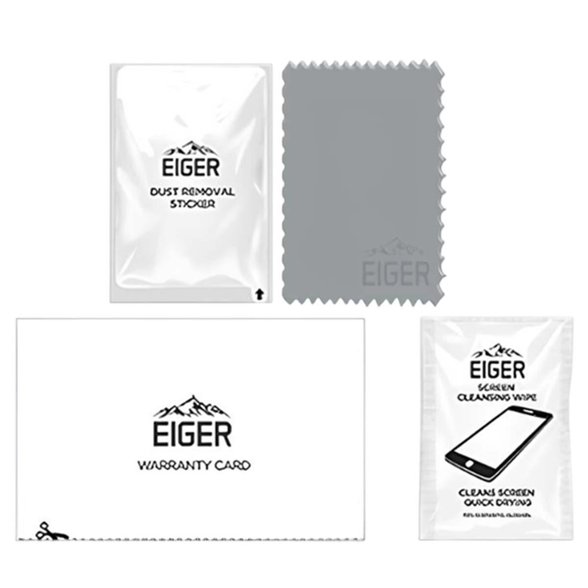 Eiger schermreinigingskit: stofsticker, grijze doek, garantiekaart, reinigingsdoekje.