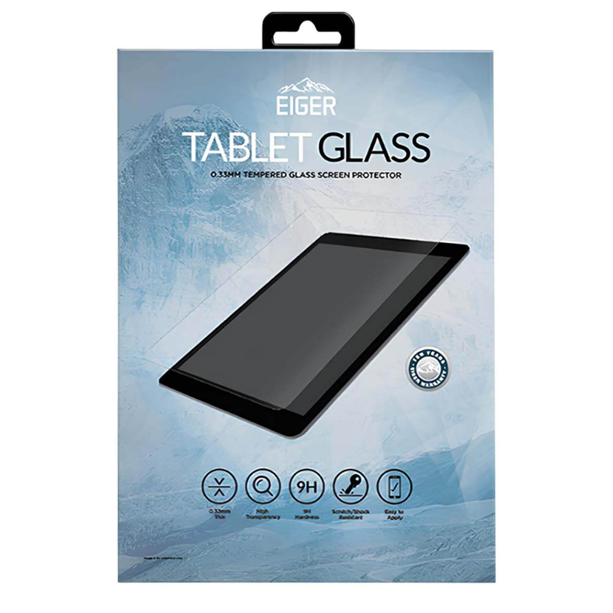 Eiger tablet screenprotector verpakking met bergachtergrond.