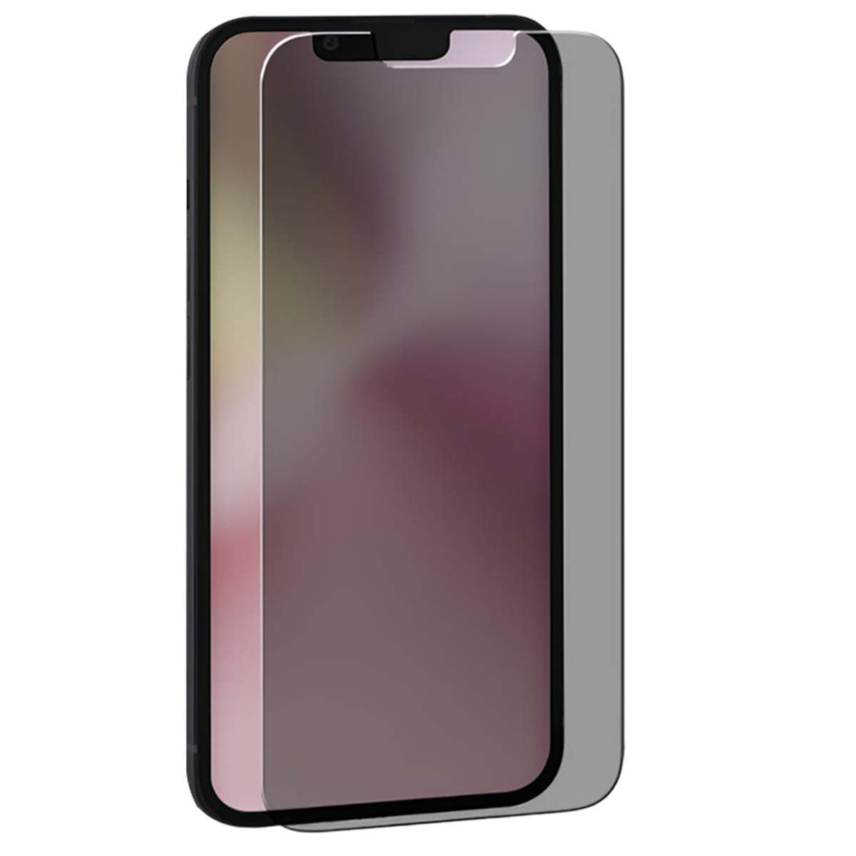 Een zwarte smartphone met een privacy screenprotector.