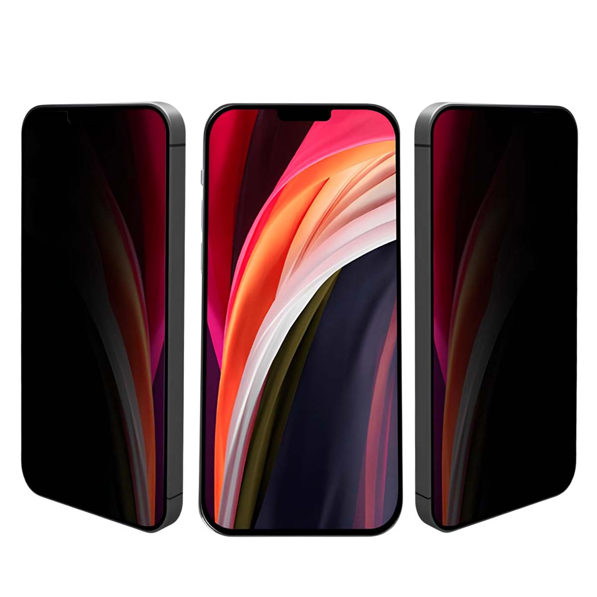 Drie smartphones; één met kleurrijke achtergrond, twee donker.