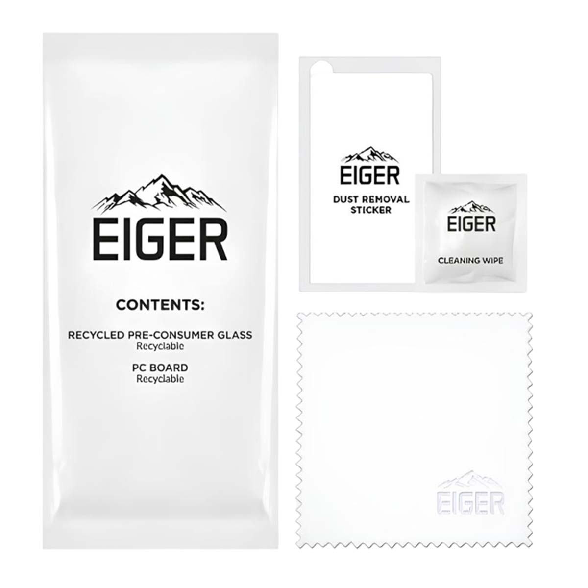 Witte verpakking met Eiger logo, stofverwijderingssticker, reinigingsdoekje en glas.