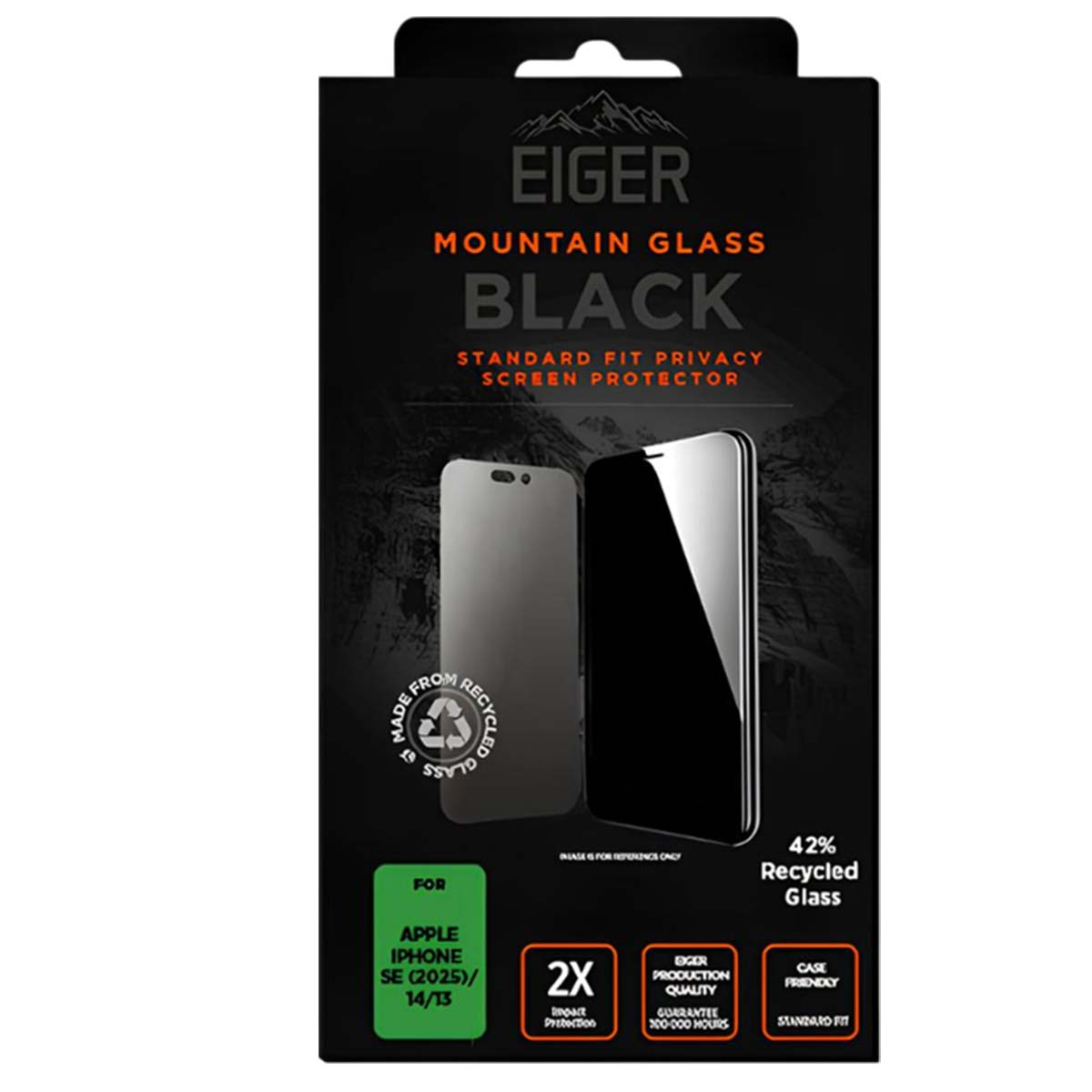 Eiger Mountain Glass Black privacy screenprotector verpakking voor iPhone SE (2025)/14/13.