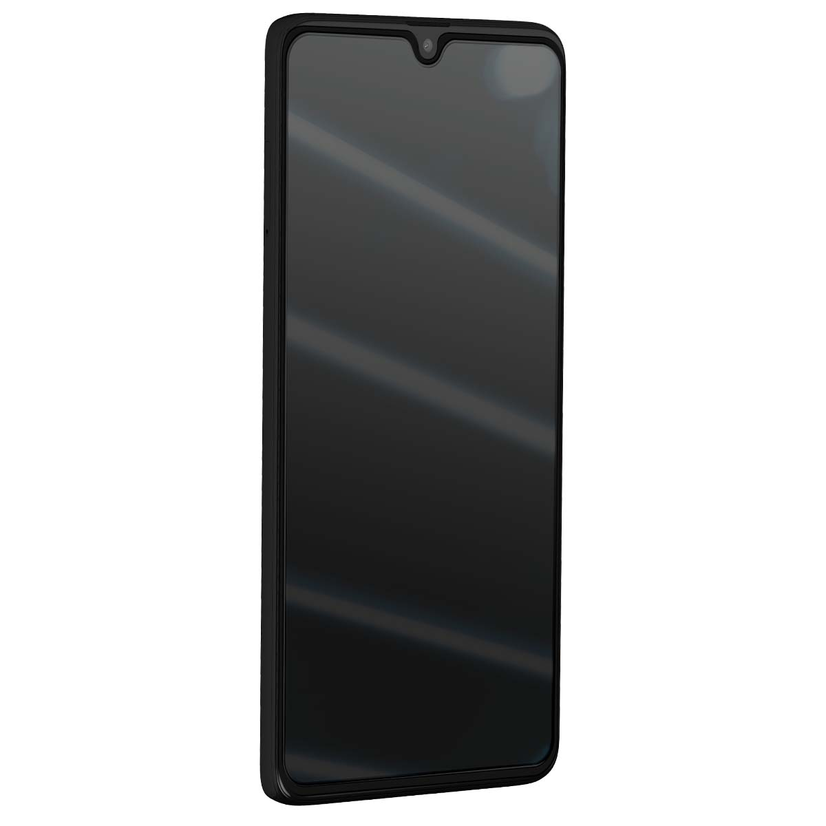 Zwarte smartphone met inkeping bovenaan, schuin gezien.