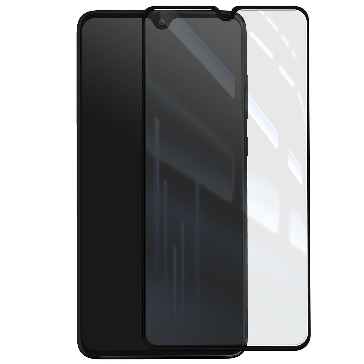 Een zwarte smartphone-schermprotector ligt op een zwarte smartphone.