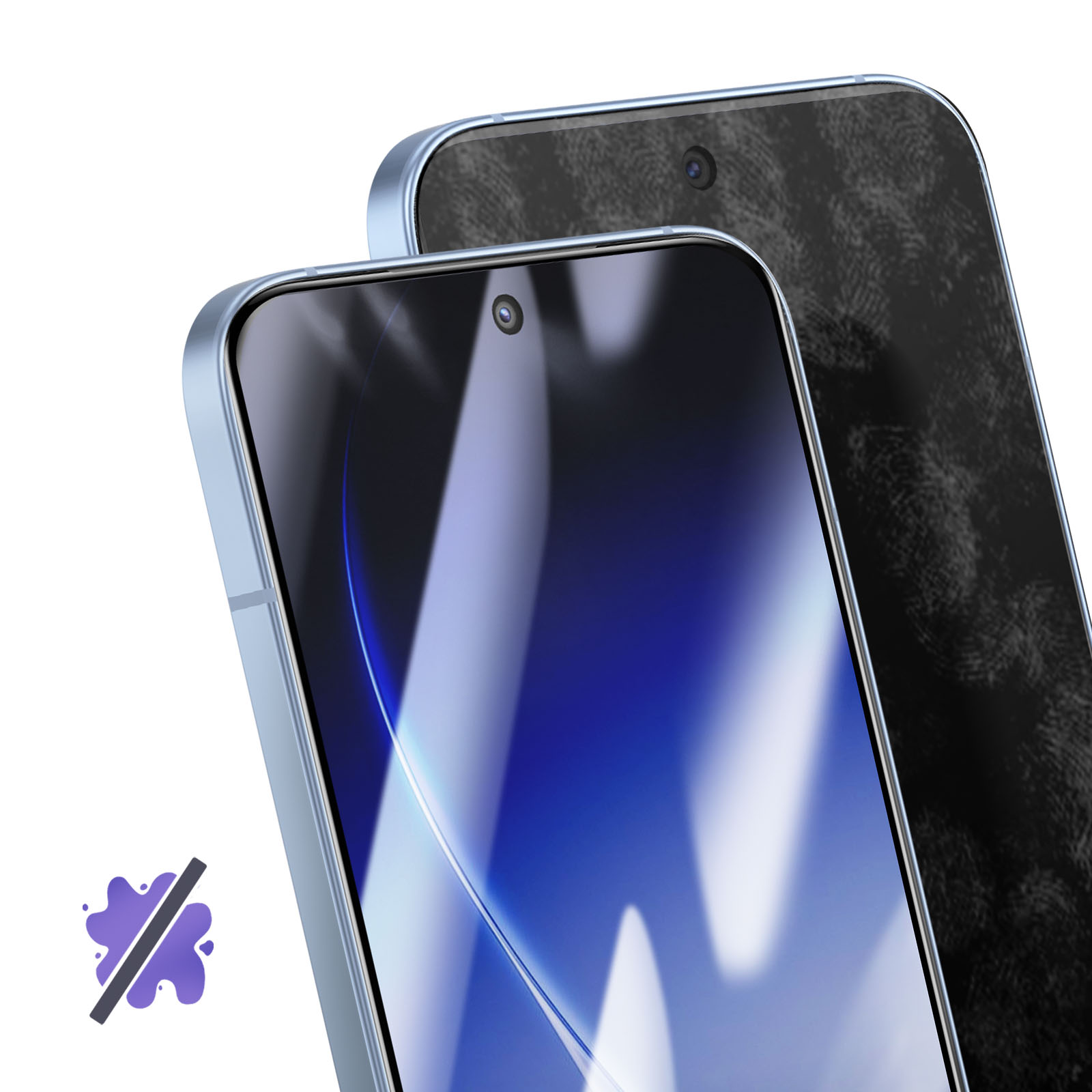 Deux téléphones à cadre bleu. L'un avec empreintes, l'autre propre.