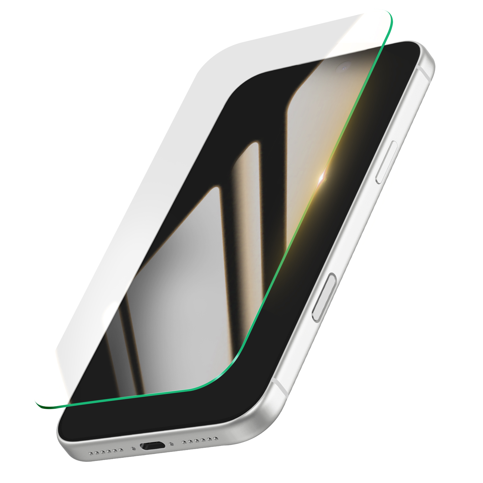 Een zilveren smartphone met een licht opgetilde glazen screenprotector.