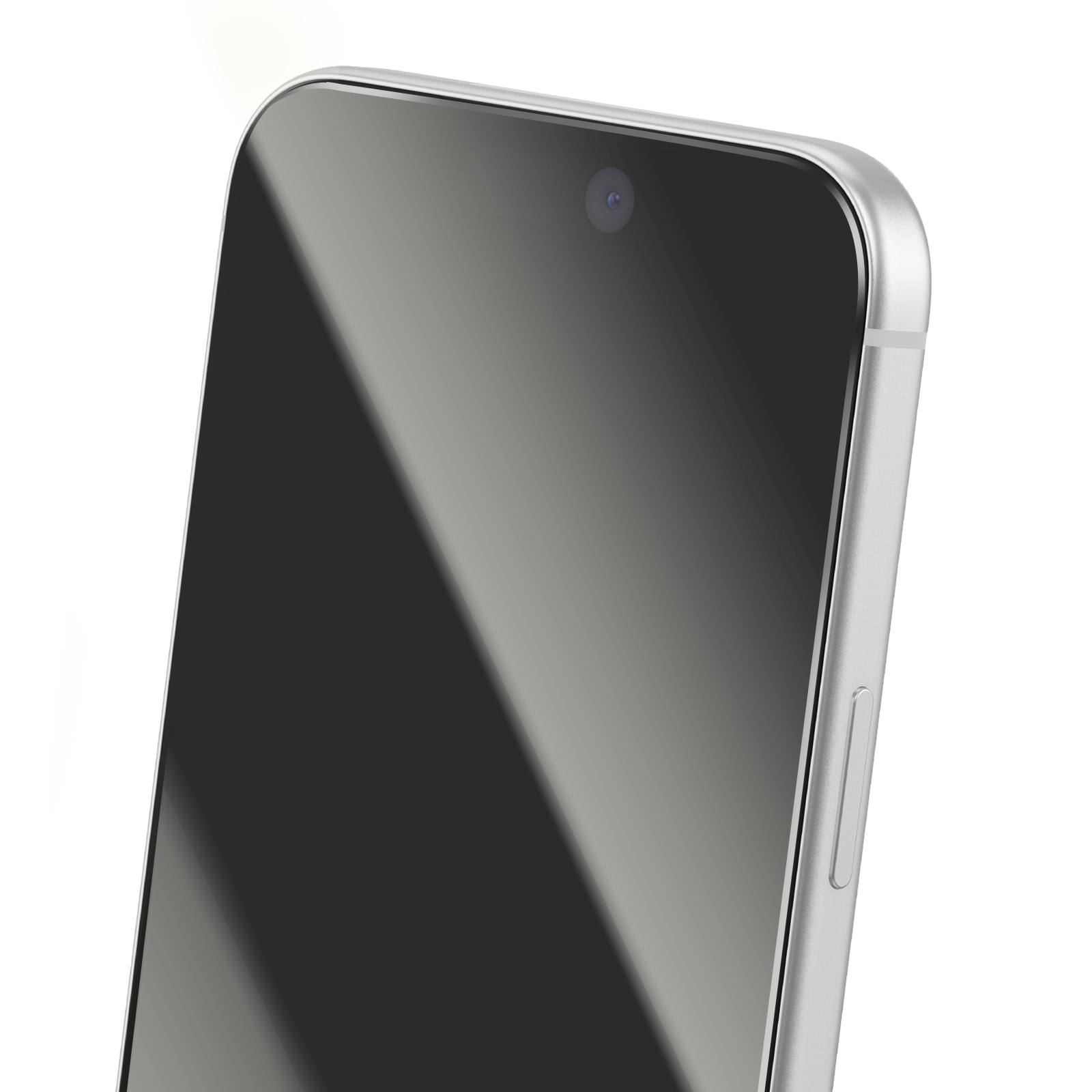 Close-up van een zilveren smartphone met zwart scherm en camera aan de voorzijde.