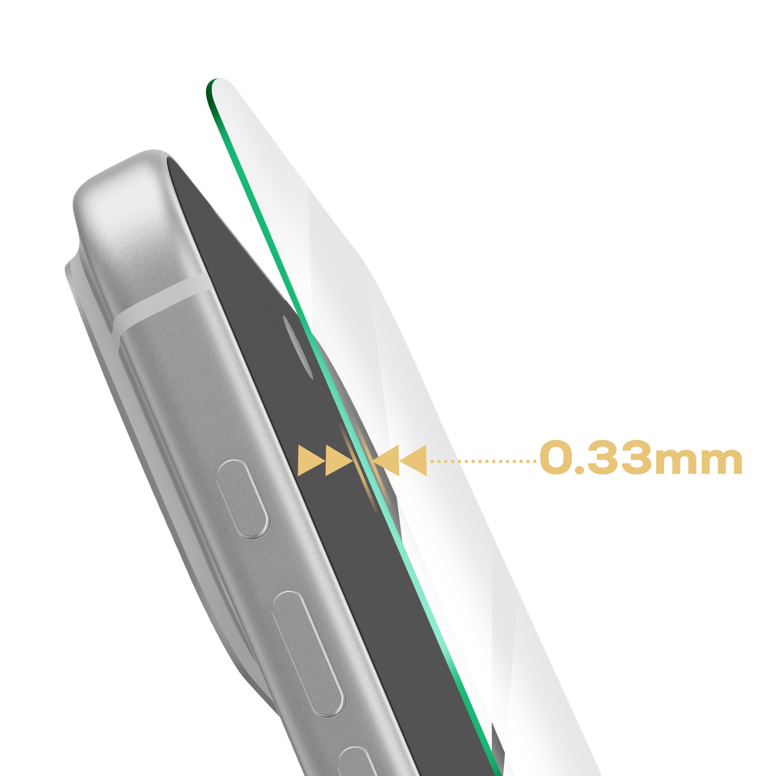 Close-up van een smartphone met een dunne schermprotector van 0,33 mm.