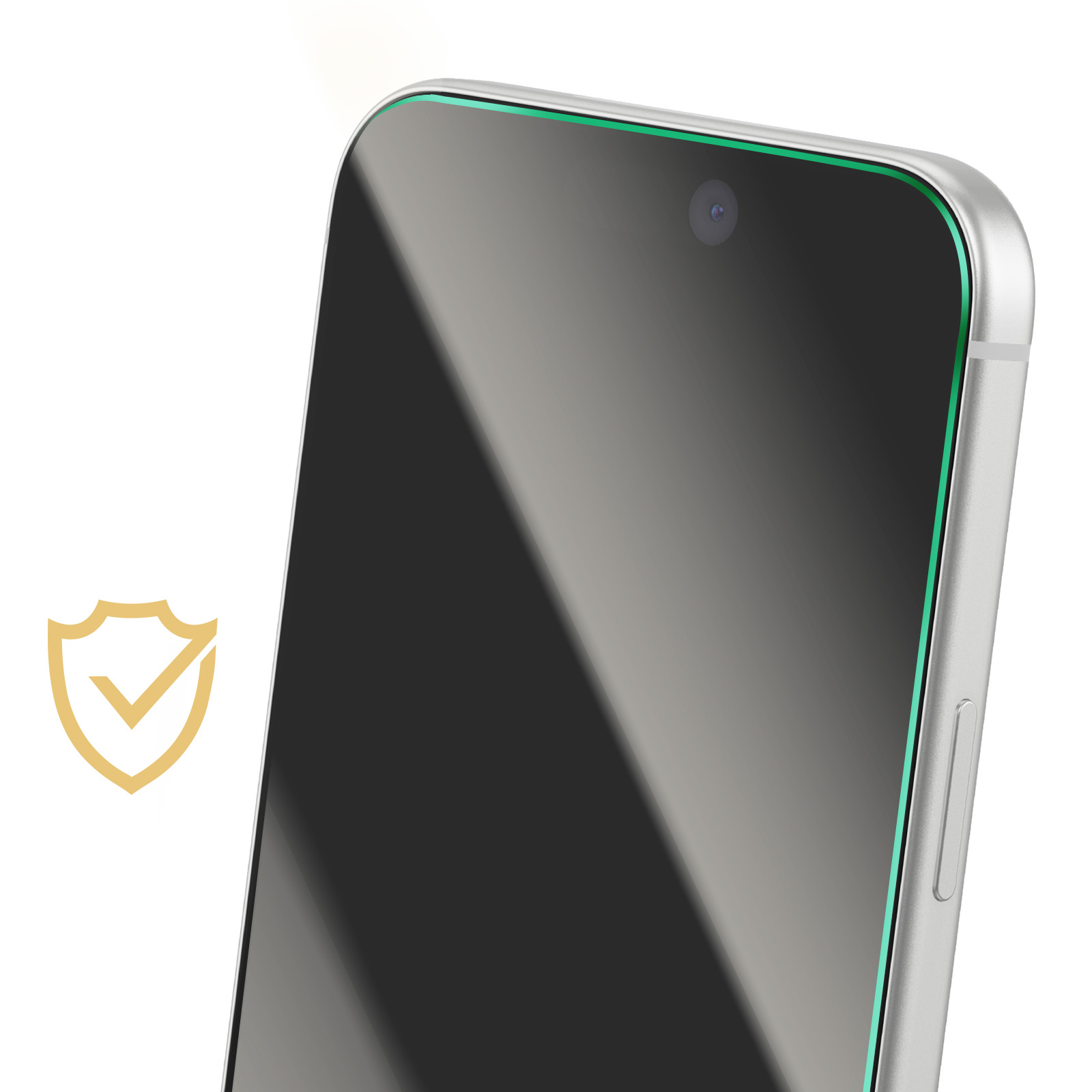 Een zilveren smartphone met donker scherm en groene rand. Een goudkleurig schildicoon staat links.