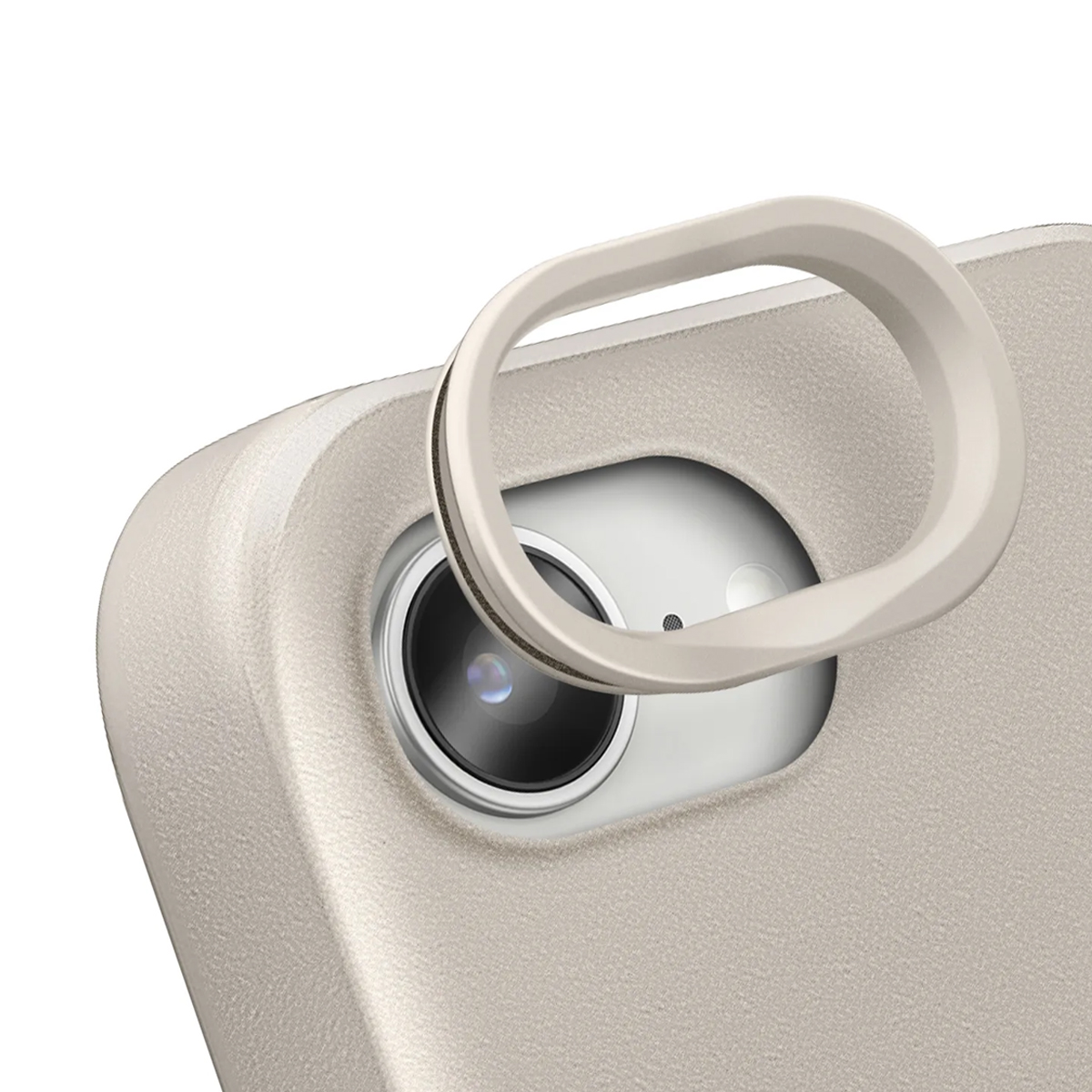 Gros plan d'un étui de téléphone beige clair avec un support anneau sur l'objectif de la caméra.