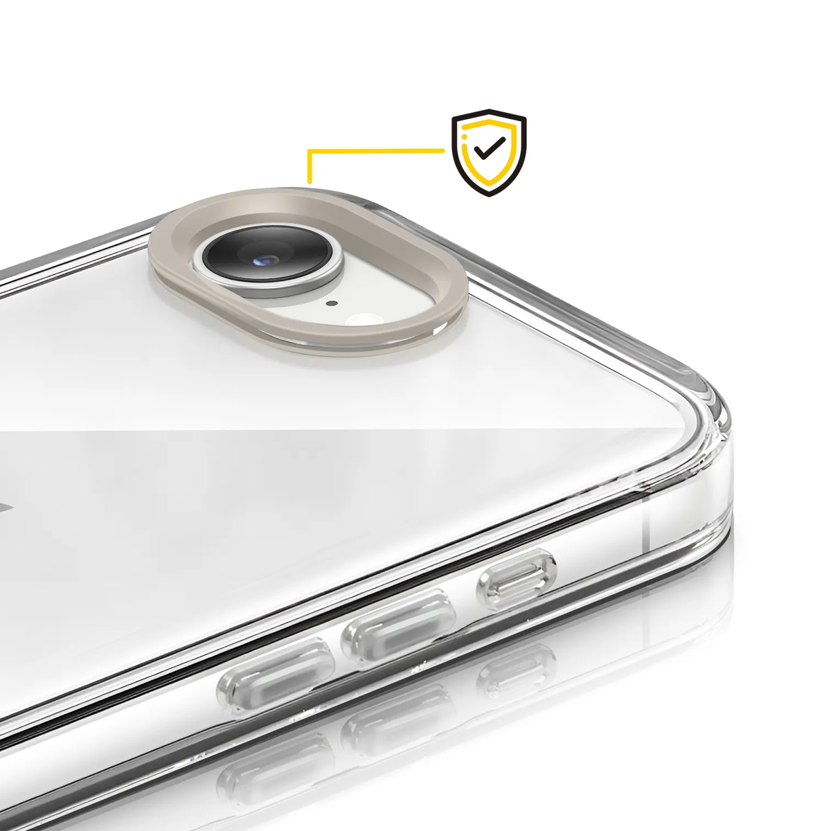 Coque de téléphone transparente avec anneau de protection caméra et icône bouclier.