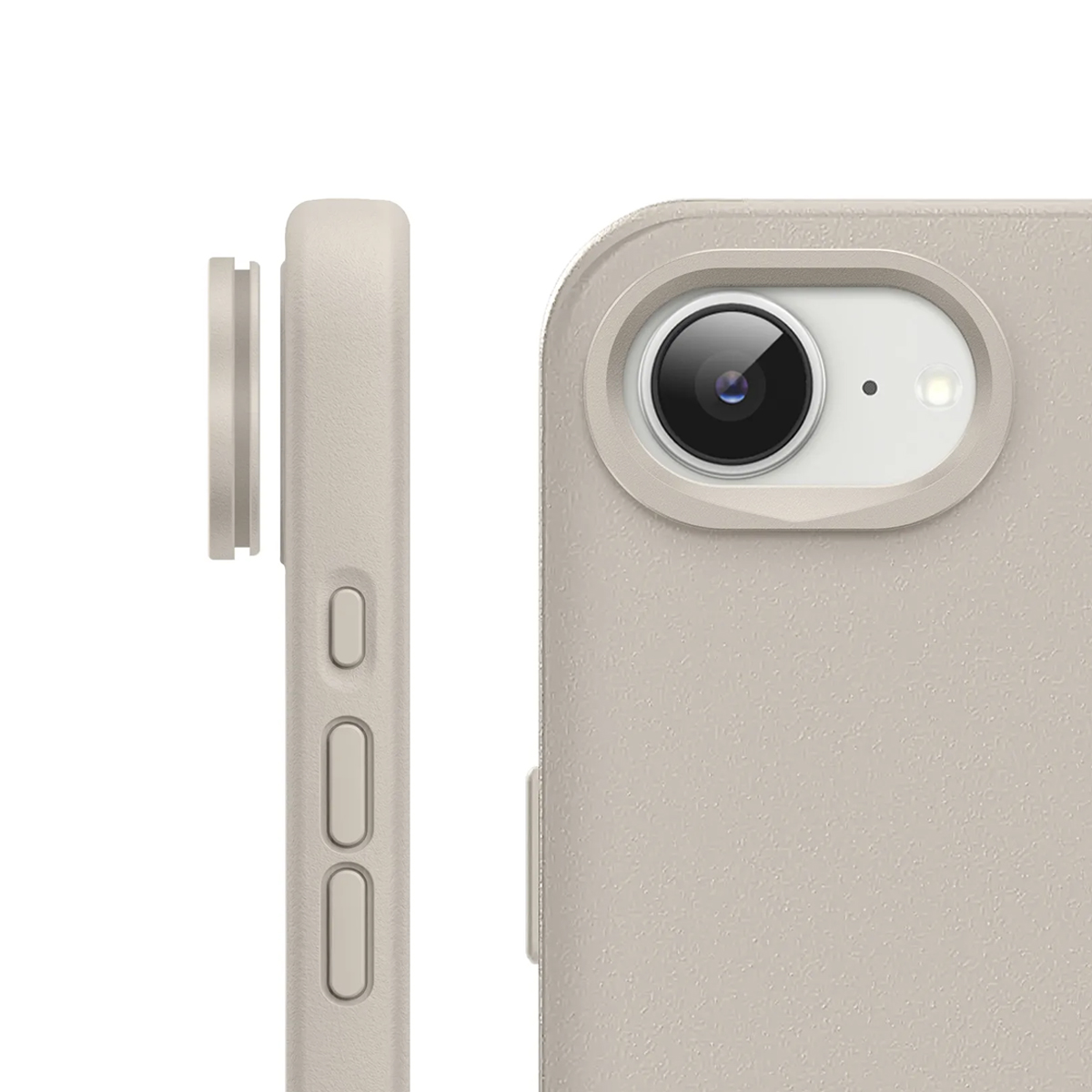 Une coque de téléphone beige avec module caméra et un accessoire objectif.