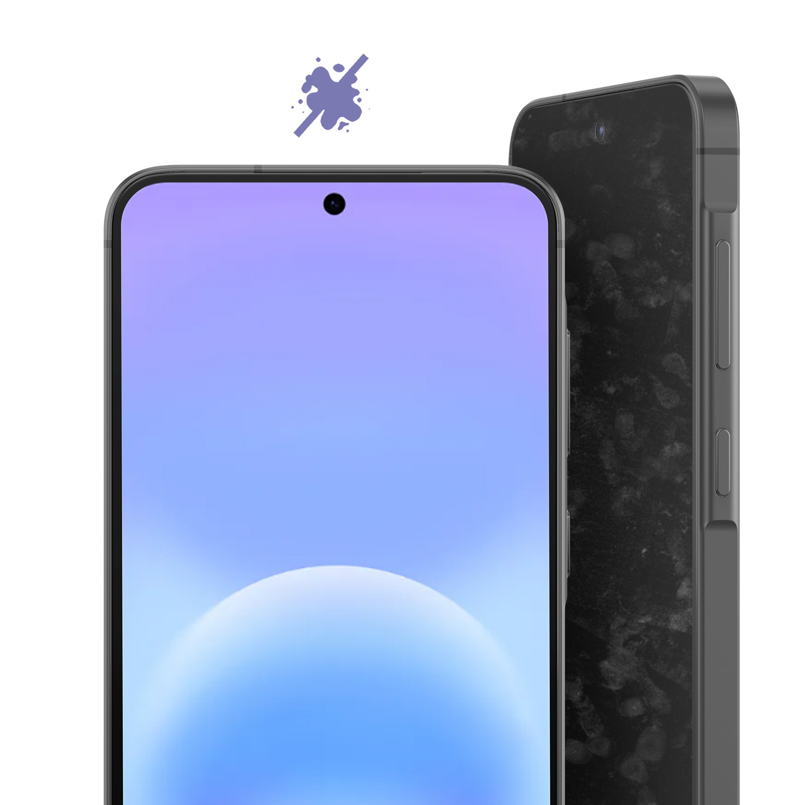 Un smartphone avec écran bleu et coque noire montrant des empreintes digitales.