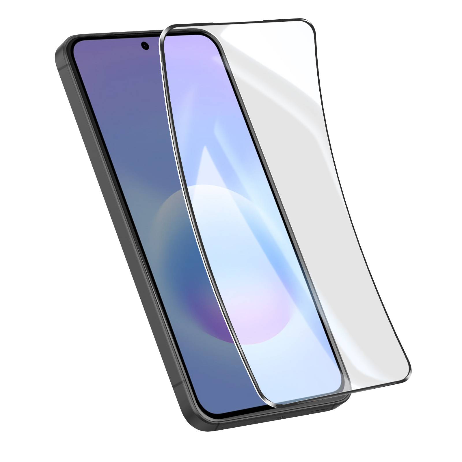 Un smartphone noir avec un protecteur d'écran appliqué.