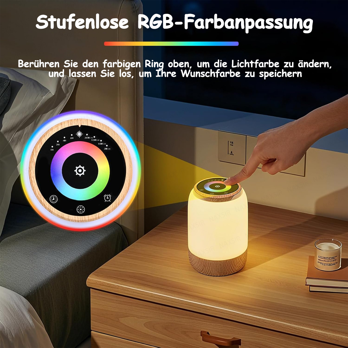 Eine Hand berührt eine Farbwechsel-RGB-Lampe auf einem Nachttisch. Deutscher Text.