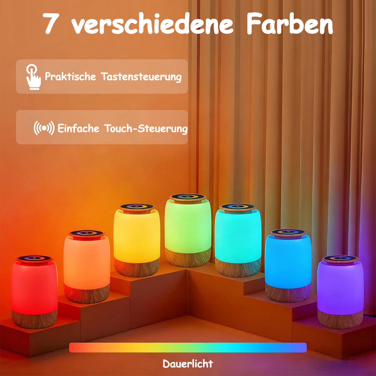 Sieben bunte Lichter mit Tasten- oder Touch-Steuerung.
