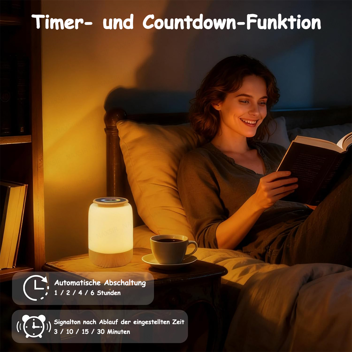Frau liest im Bett, Nachttischlampe, Kaffeetasse, Timer-Funktion.