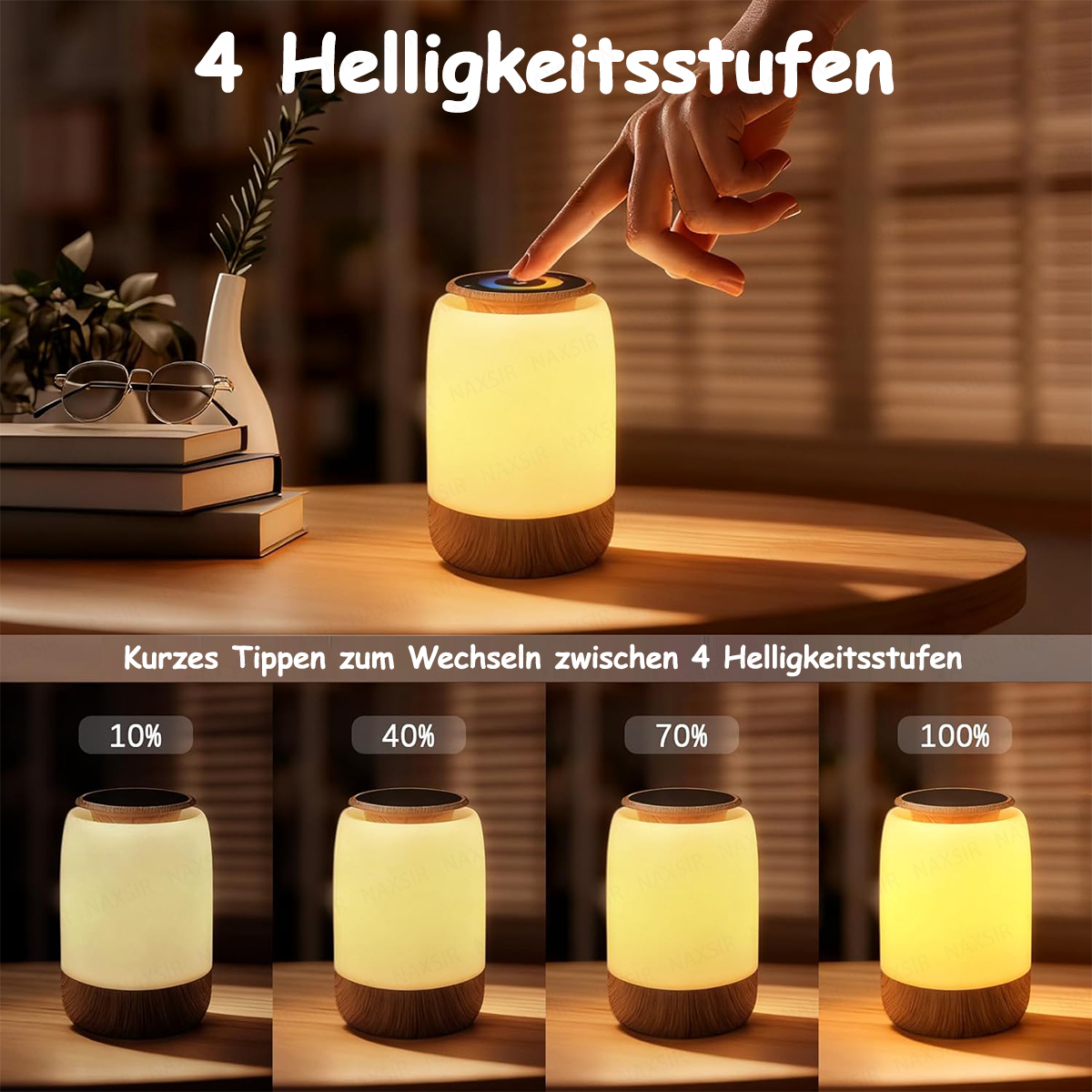 Eine Hand tippt auf eine Nachttischlampe mit 4 Helligkeitsstufen.