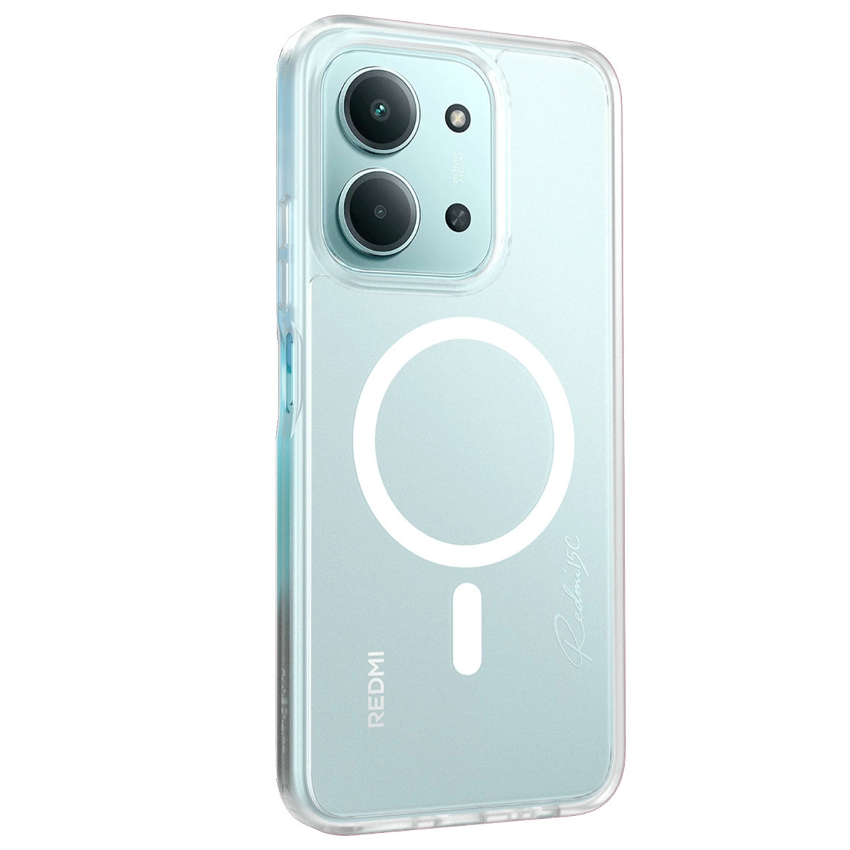Şeffaf kılıfta iki kameralı açık mavi bir telefon.