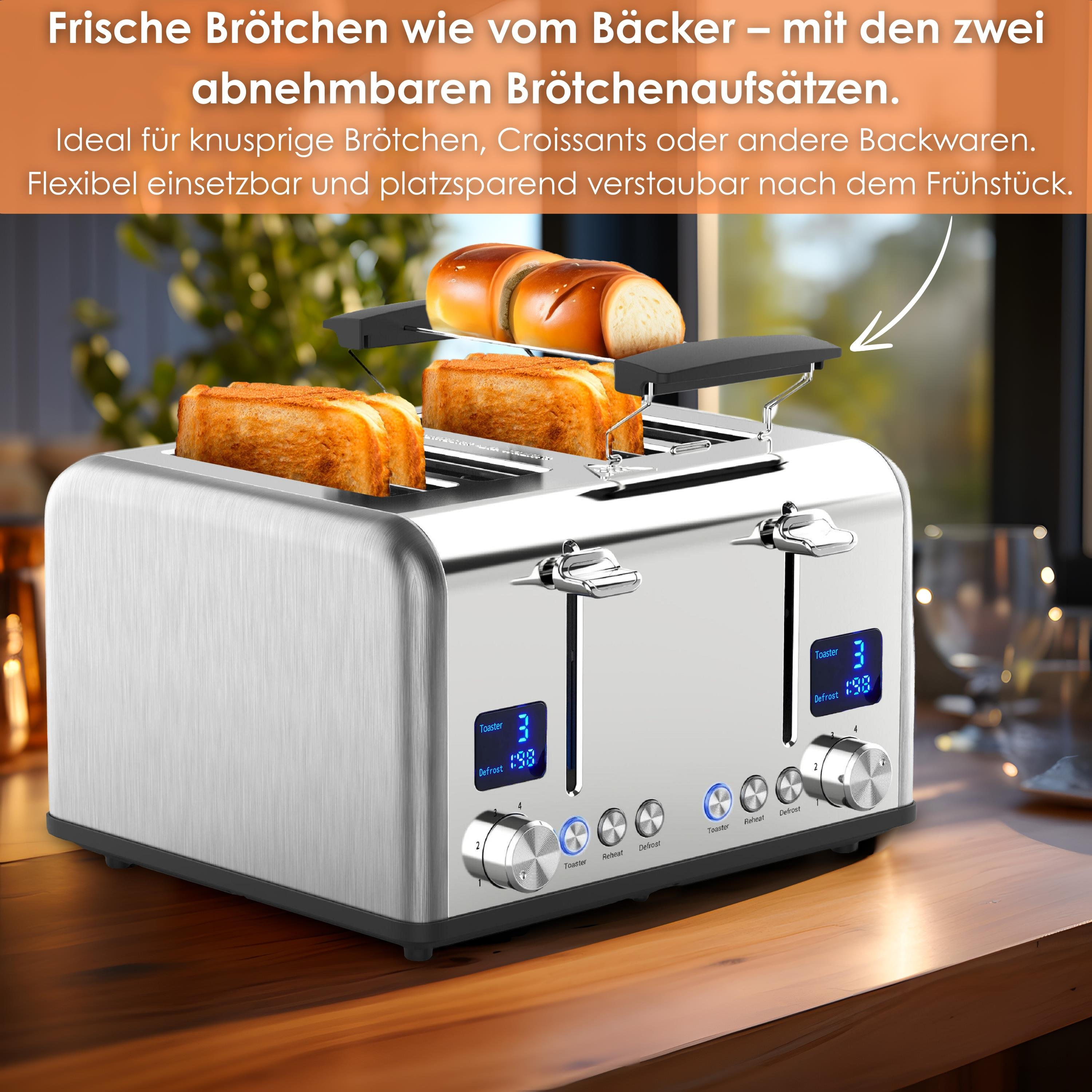 Ein silberner Toaster mit zwei Schlitzen, Toast und Brötchen darauf.