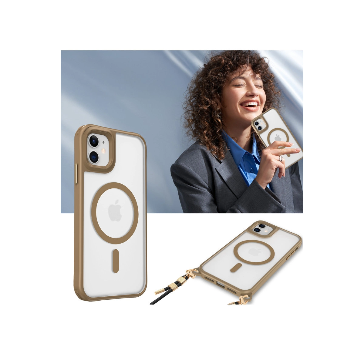 Takım elbiseli kadın altın kılıflı iPhone tutuyor. Kılıf beyaz zeminde.