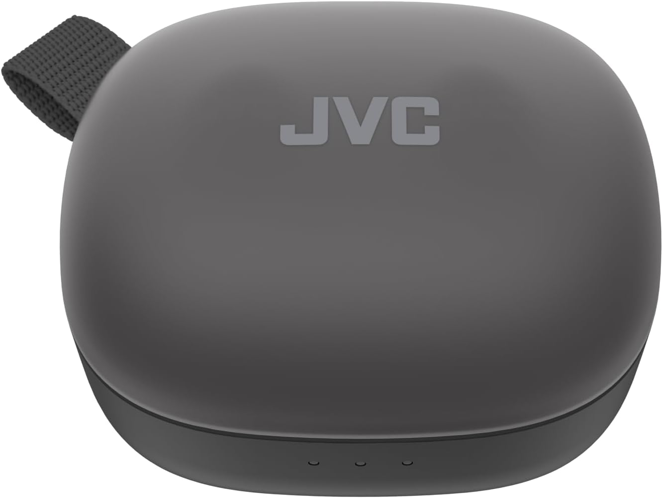 Custodia di ricarica grigio scuro con logo JVC e anello in tessuto.